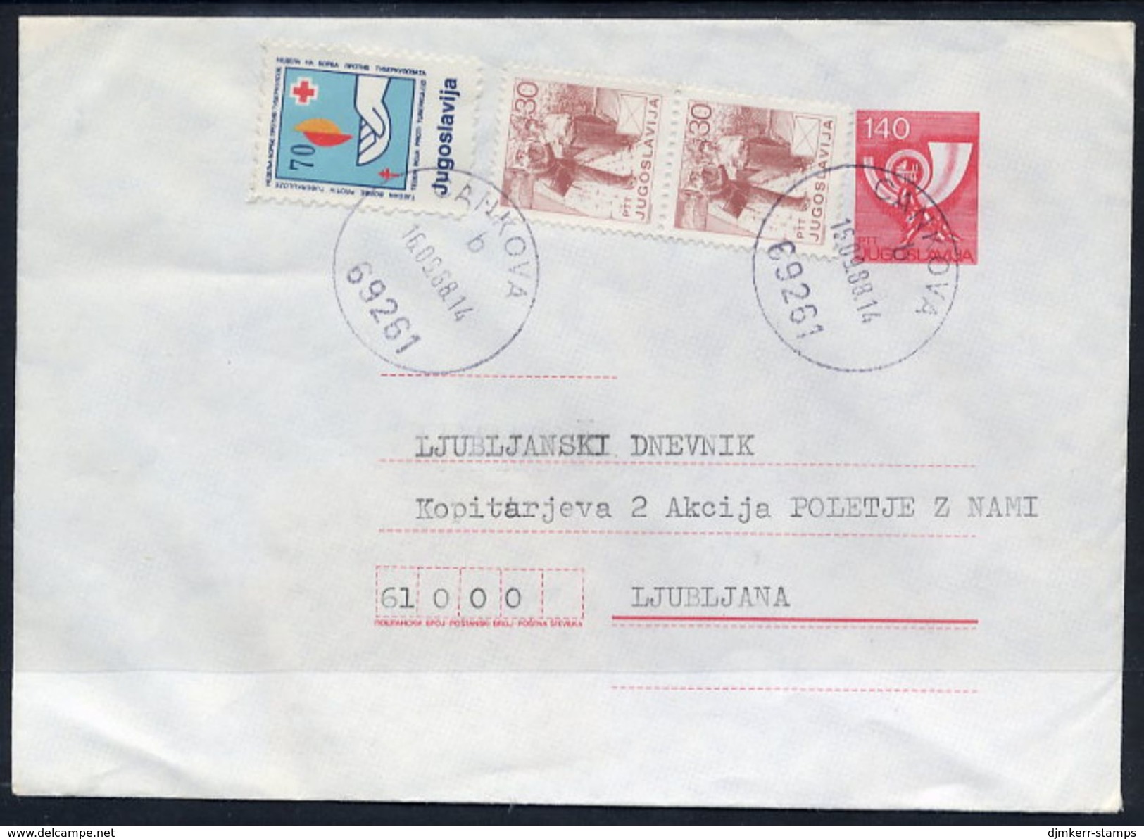 YUGOSLAVIA 1988 Posthorn 140 D.stationery Envelope Used With Additional Franking And TB Week Tax.  Michel U81 - Interi Postali