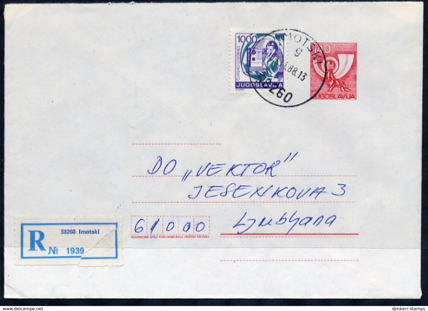 YUGOSLAVIA 1988 Posthorn 140 D.stationery Envelope Used With Additional Franking.  Michel U81 - Postal Stationery