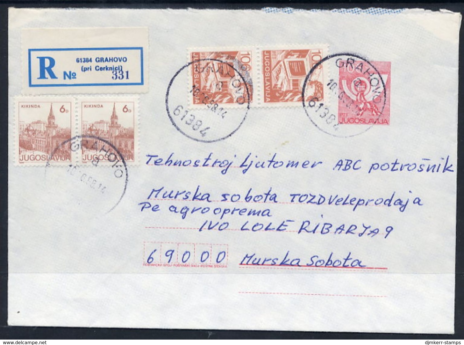 YUGOSLAVIA 1987 Posthorn 106 D.stationery Envelope Registered With Additional Franking.  Michel U80 - Postal Stationery