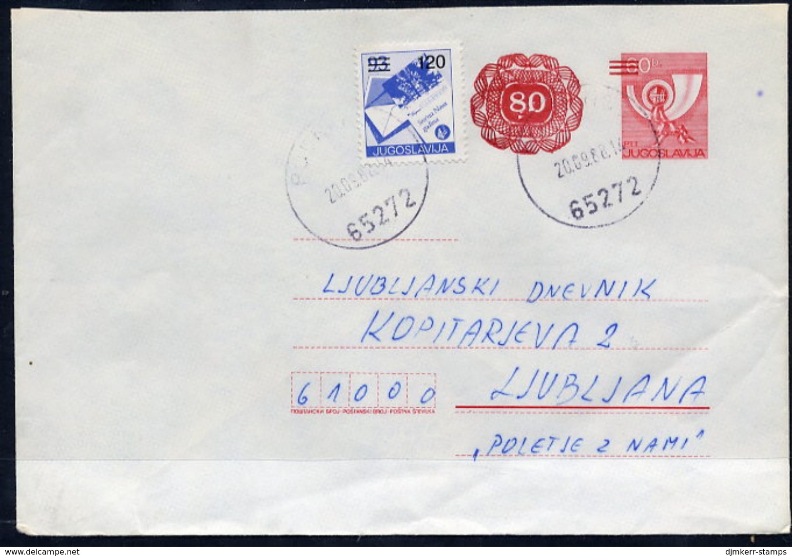 YUGOSLAVIA 1987 Posthorn 80/60 D.stationery Envelope  Used With Additional Franking.  Michel U78 - Postal Stationery