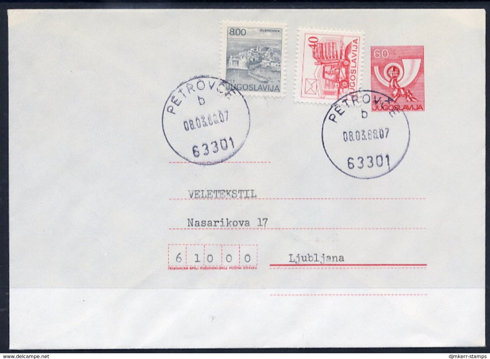 YUGOSLAVIA 1987 Posthorn 60 D.stationery Envelope Used With Additional Franking.  Michel U77 - Entiers Postaux