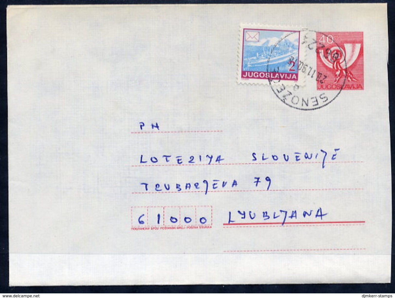 YUGOSLAVIA 1986 Posthorn 40 D.stationery Envelope Format A  Used With Additional Franking.  Michel U76A - Entiers Postaux