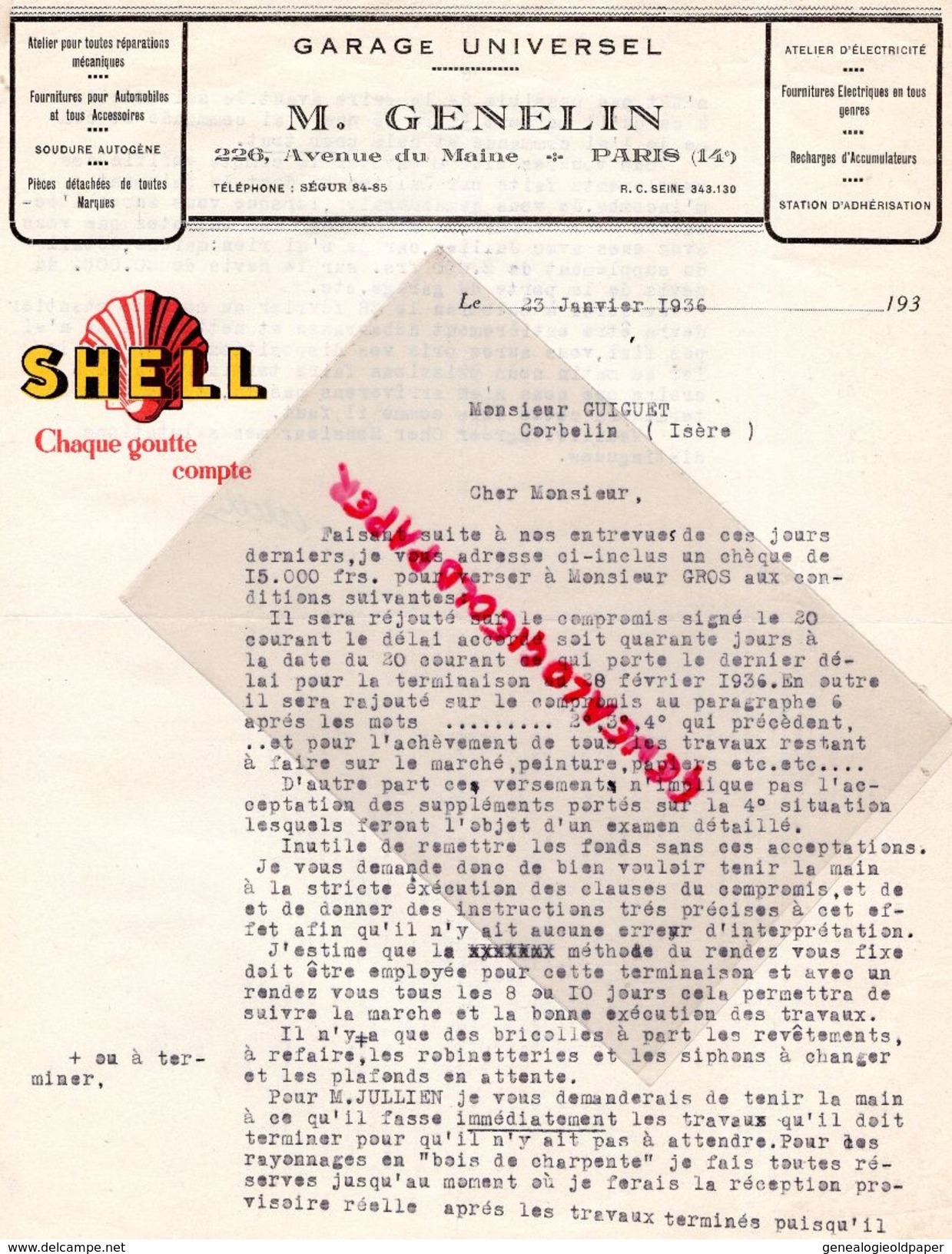 75-PARIS-RARE LETTRE M. GENELIN-GARAGE AUTOMOBILE UNIVERSEL-226 AVENUE DU MAINE- M. GUIGUET CORBELIN ISERE 38 - Automovilismo