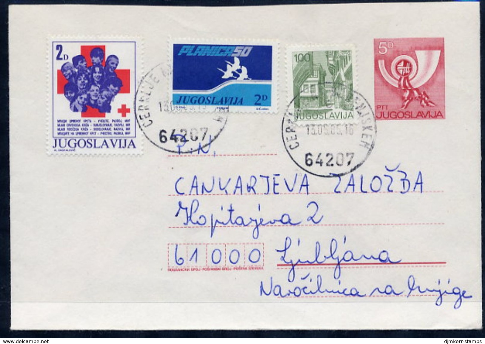 YUGOSLAVIA 1983 Posthorn 5 D.stationery Envelope Used With Additional Franking And Two Tax Stamps  Michel U72 - Postwaardestukken