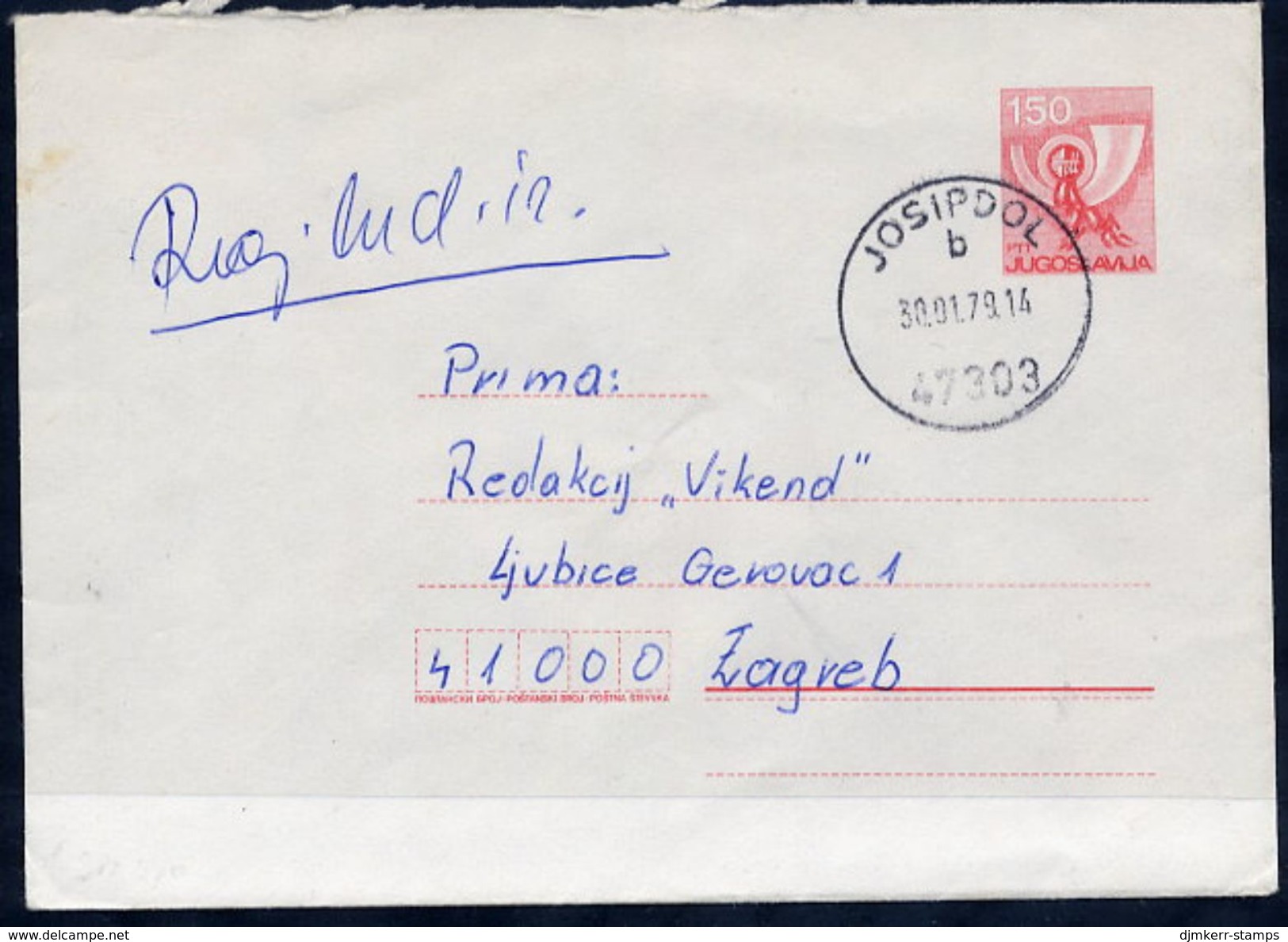 YUGOSLAVIA 1977 Posthorn 1.50 D.stationery Envelope Used Without Additional Franking.  Michel U70 - Entiers Postaux