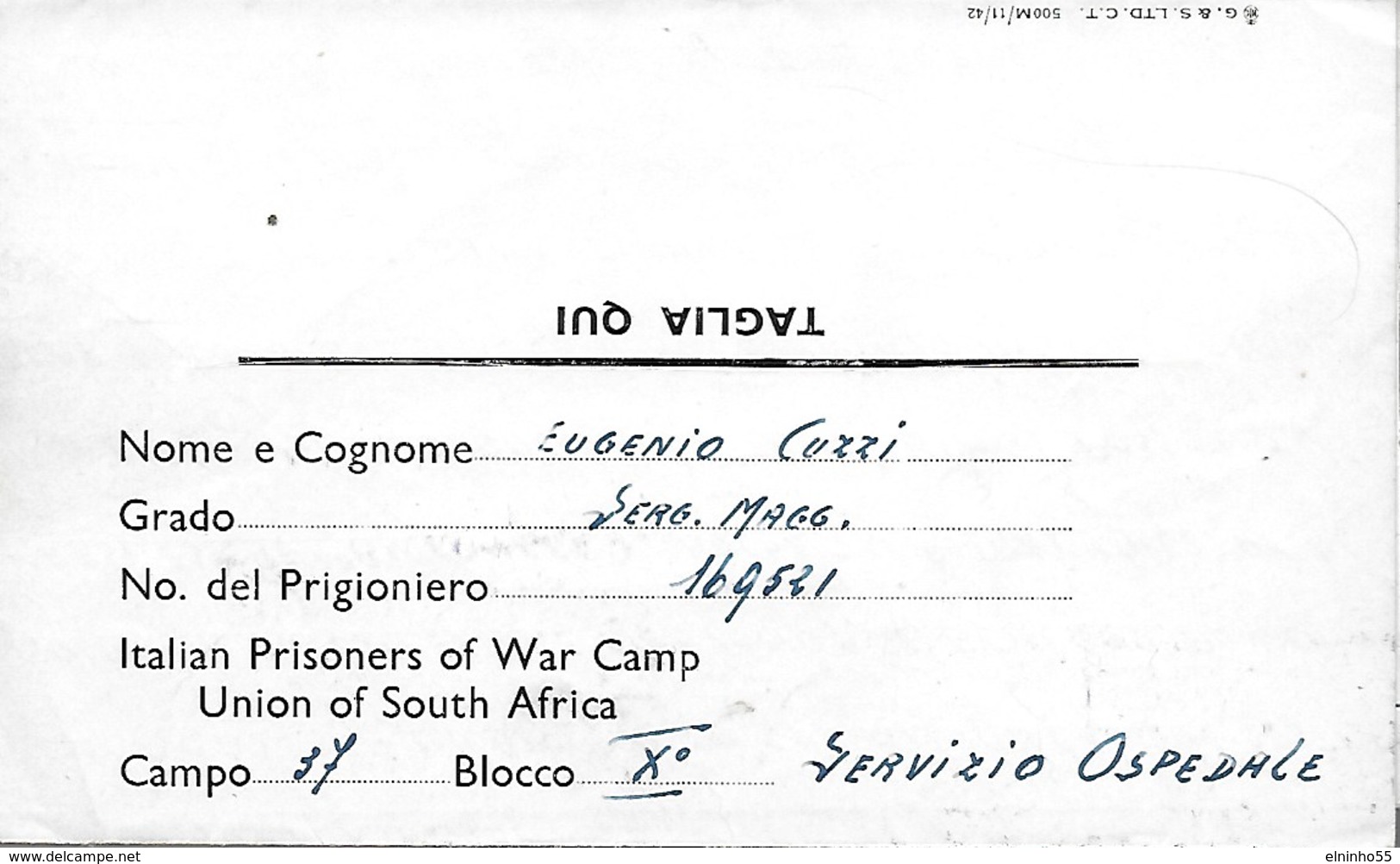 Ww2 Prigionieri Di Guerra - Blocco 10 Campo 37 Servizio Ospedale -  Dal Sud Africa - Zonderwater - Per Treviso - Prigione E Prigionieri
