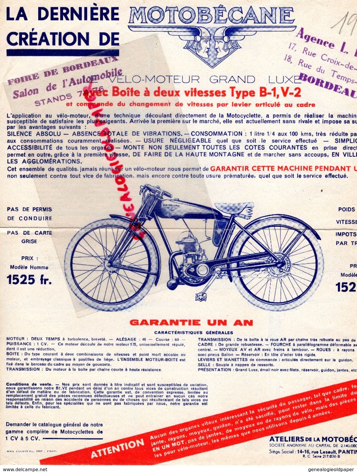 93- PANTIN-AGENCE BORDEAUX L. DELERME- FOIRE SALON AUTOMOBILE- MOTOBECANE VELO MOTEUR GRAND LUXE TYPE B1 V2-MOTO-1934 - Transport