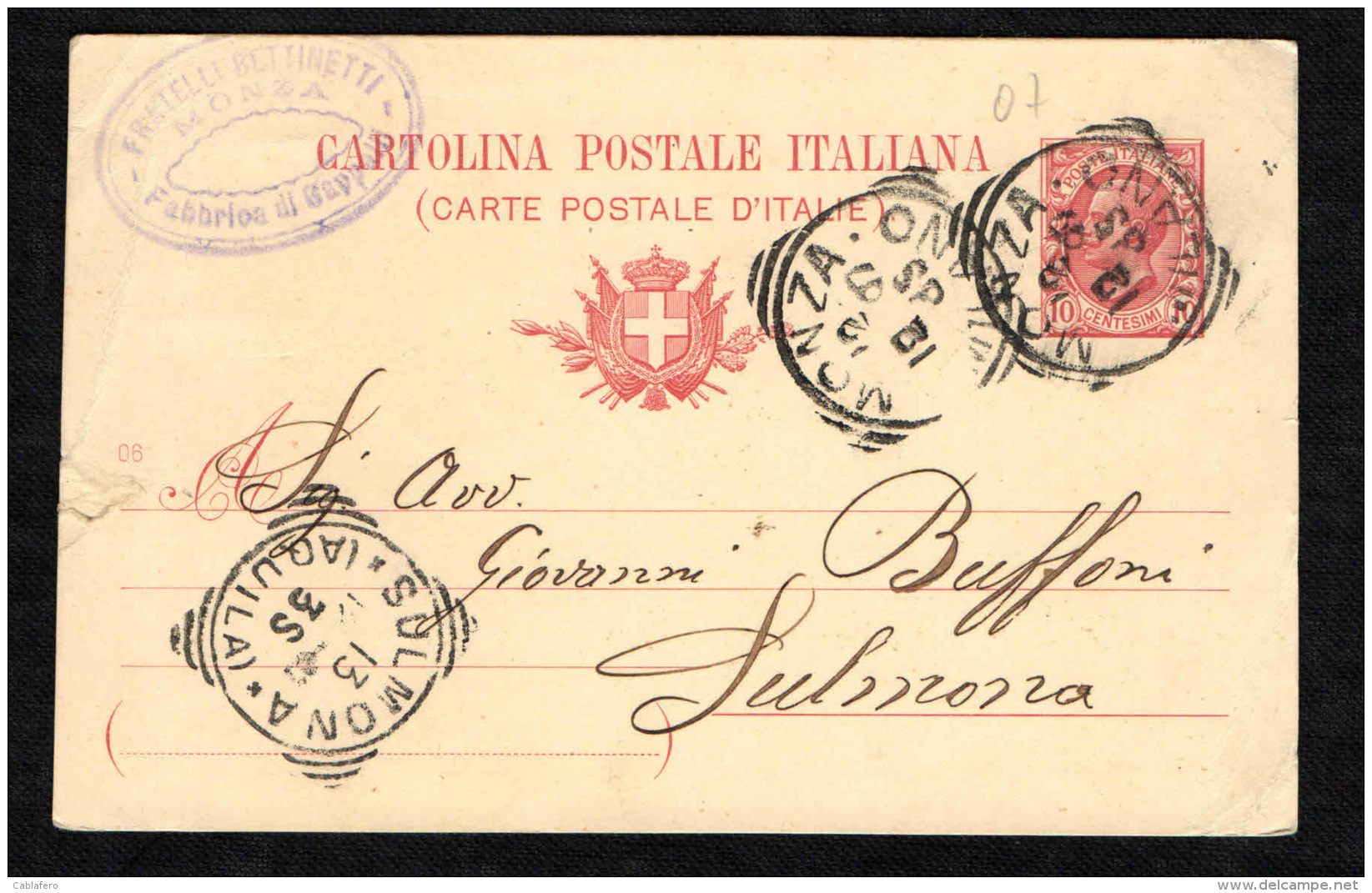 ITALIA REGNO - 12.12.07 - CARTOLINA POSTALE DA MONZA VERSO SULMONA - MILLESIMO 06 - LEONI 10 CENT. - Interi Postali