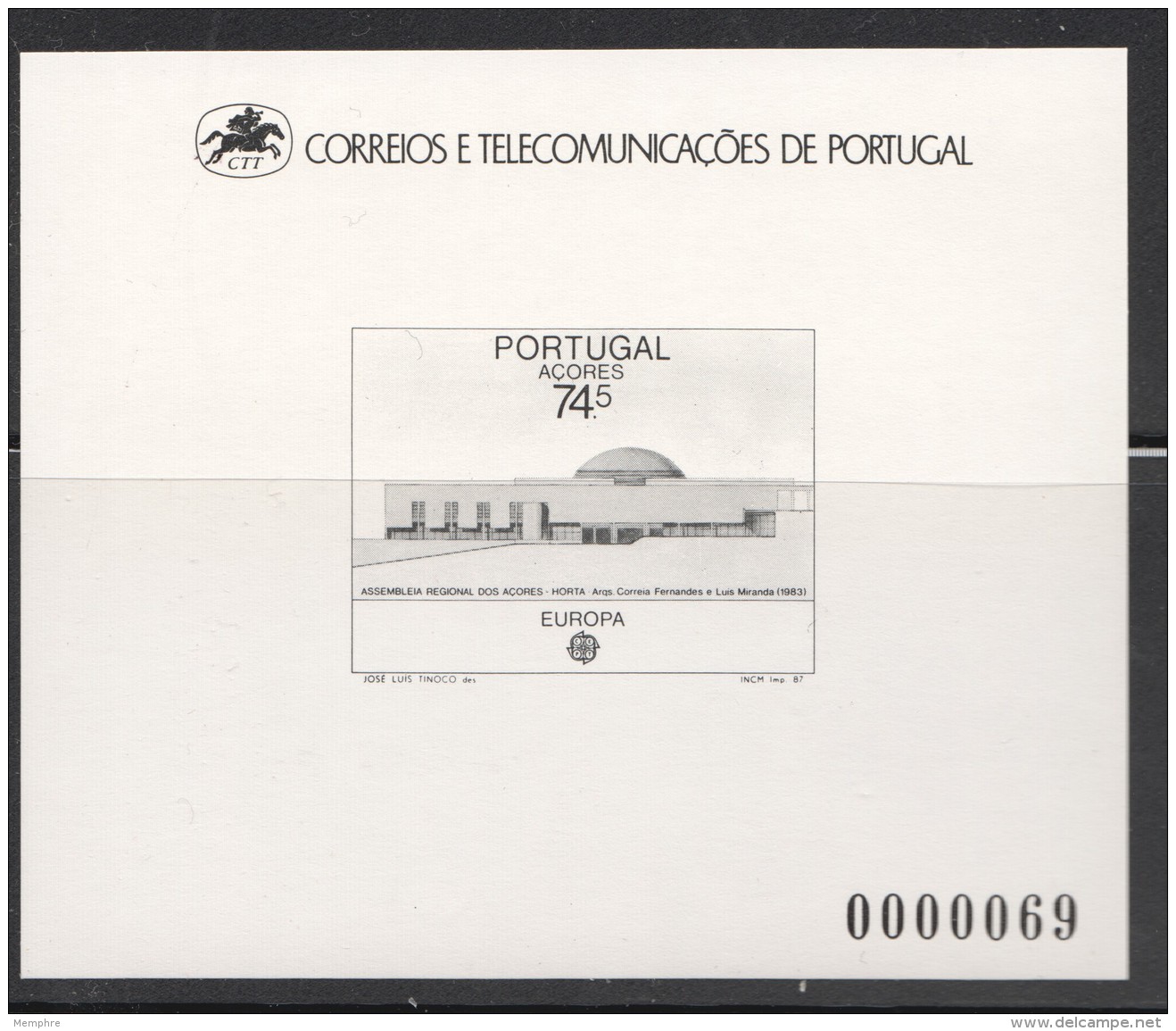 1987  Europa Acores - Bâtiment De L'Assemblée Des Açores - Epreuve  En Noir Numérotée  ** - Essais, épreuves & Réimpressions