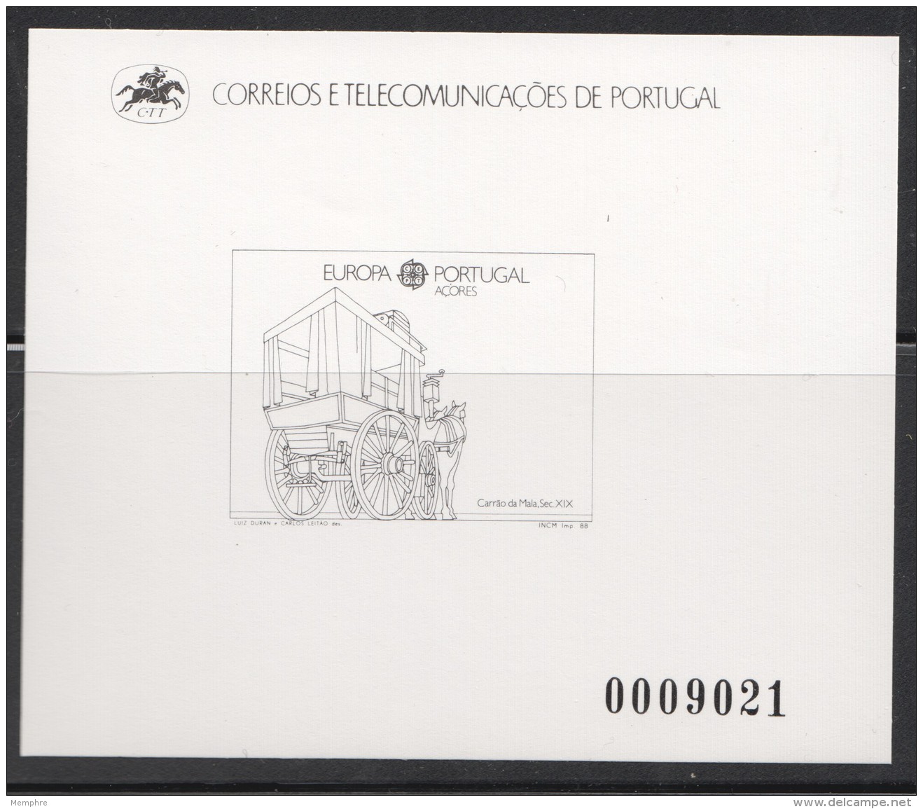 1988  Europa Acores - Malle Du 19è S.  - Epreuve  En Noir Numérotée  ** - Proofs & Reprints