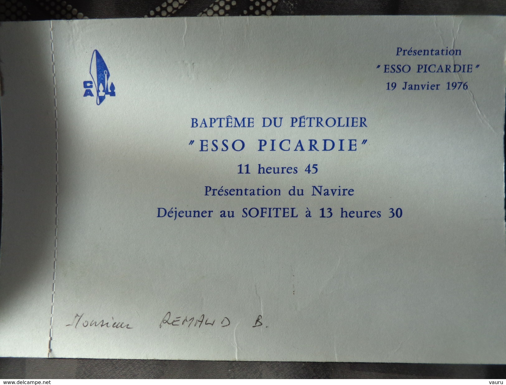 INVITATION BAPTEME DU PETROLIER ESSO PICARDIE 19 JANVIER 1976 - Ohne Zuordnung