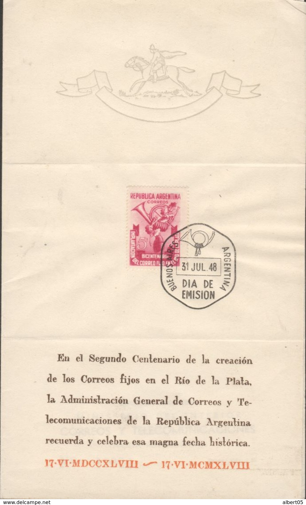 Segundo Centenario De La Creacion De Los Correos Fijos 31 JUl 48 - FDC