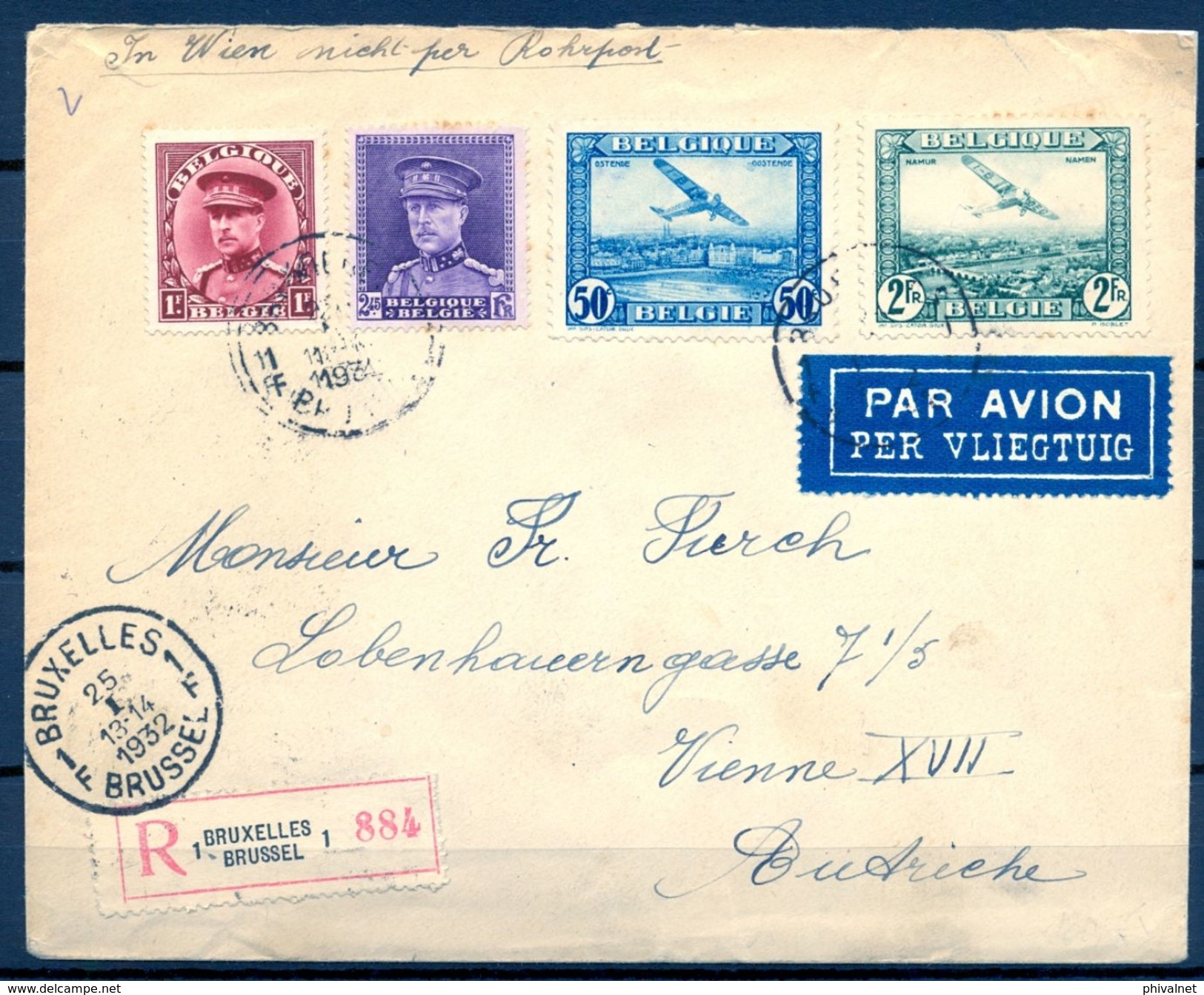 BÉLGICA , 1932 , SOBRE CERTIFICADO ENTRE BRUSELAS Y VIENA , CORREO AÉREO YV. 1,3 + 317 , 322 , LLEGADA , TRÁNSITO - Cartas & Documentos