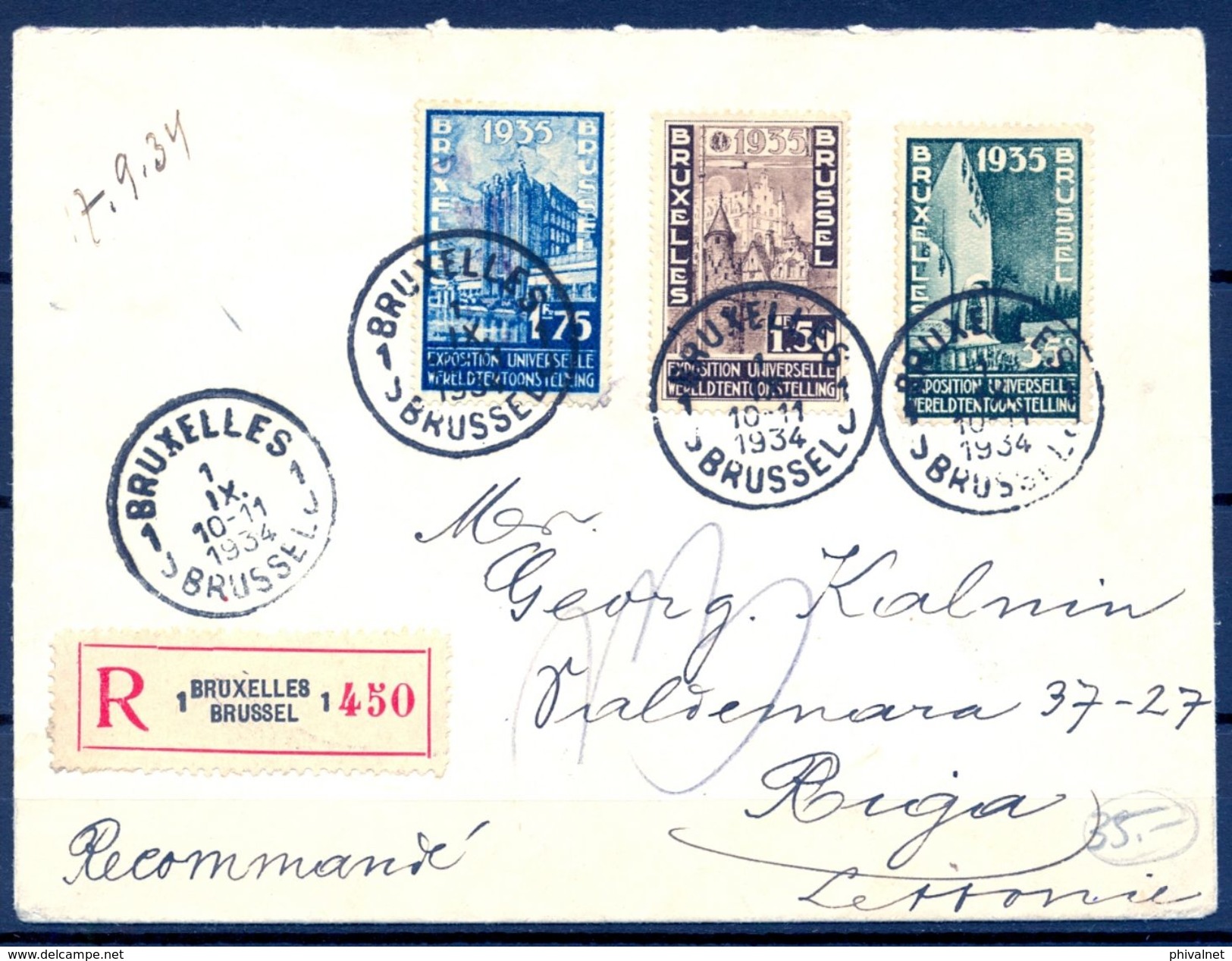 BÉLGICA , 1934 , SOBRE CERTIFICADO ENTRE BRUSELAS Y RIGA ( LETONIA ) , YV. 386 , 388 , 389 - Cartas & Documentos