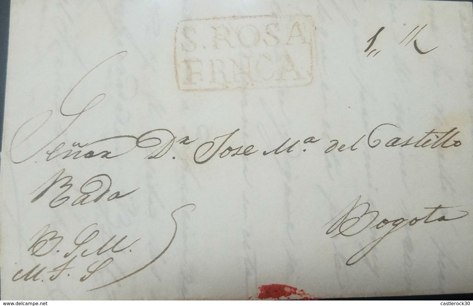 O) 1834 COLOMBIA, COVER  RED, NOT RECORDED-S. ROSA FRANCA-FRNCA, EX SANTAMARIA, FROM  SANTA ROSA TO BOGOTA, RRR - Kolumbien