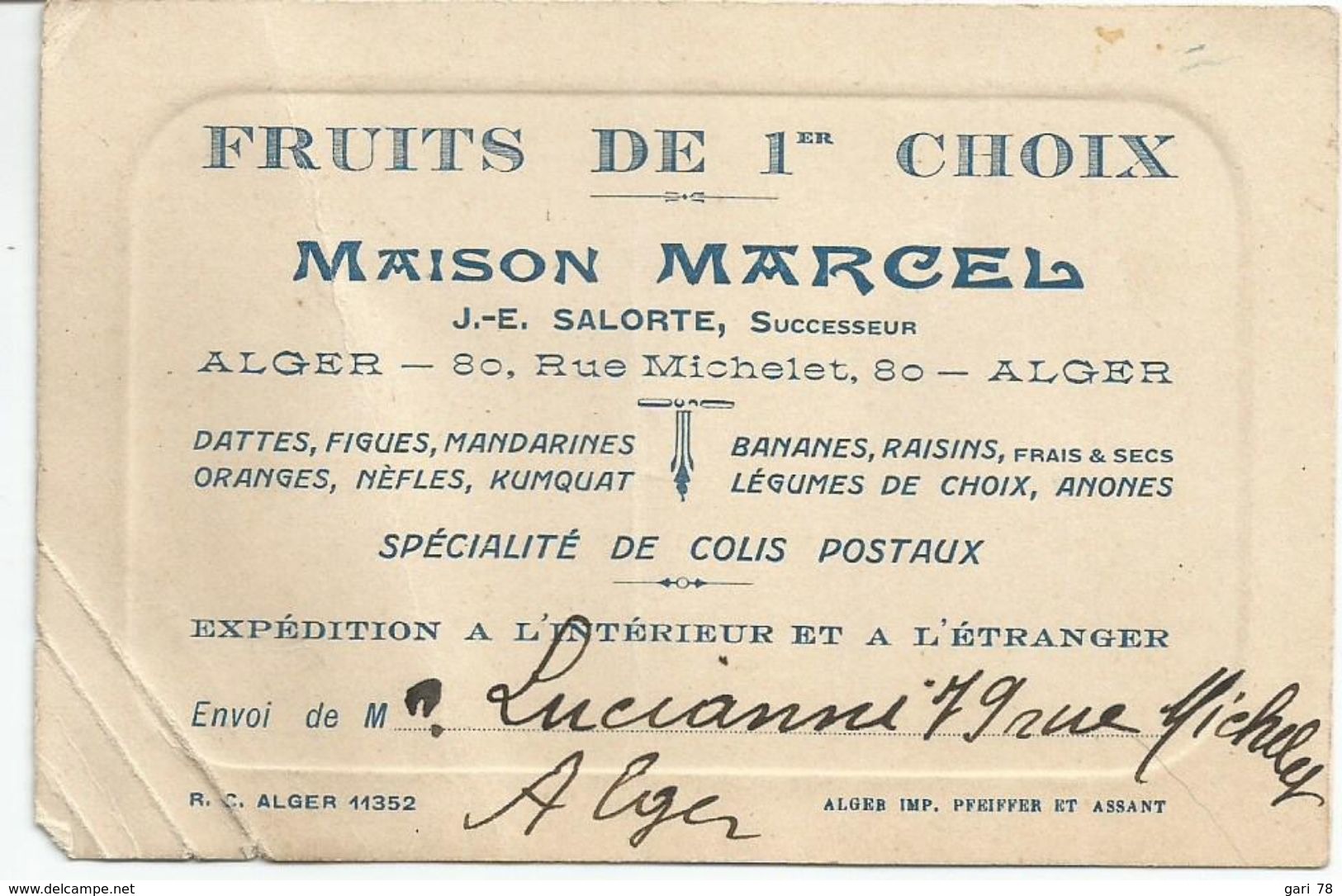 Carton  Publicitaire MAISON MARCEL, Fruits De 1er Choix à ALGER - Autres & Non Classés