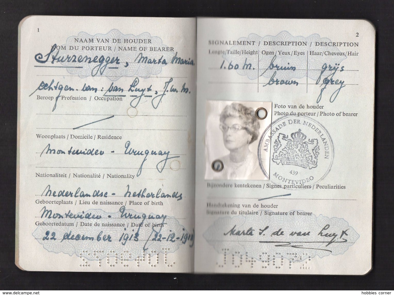 HC - 1959 - Holanda - Obsolette Pasport Passeport - Issued In Montevideo,Uruguay - Documents Historiques