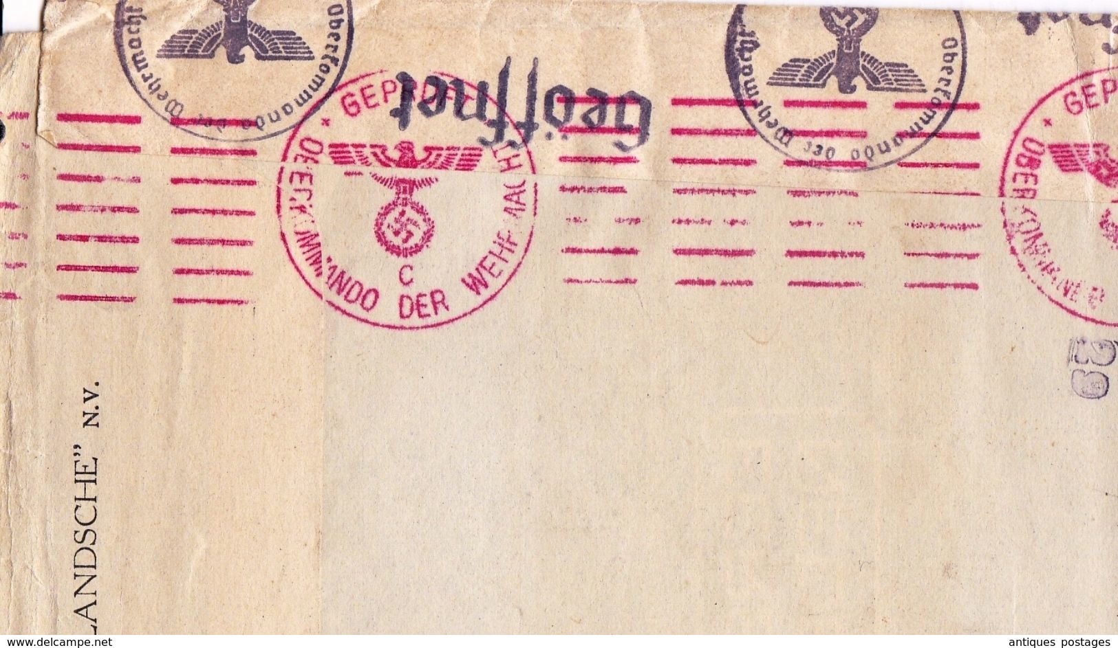 Lettre Censure Pays Bas Nederland Seconde Guerre Mondiale 1941 S'Gravenhage Verzekeringsbank Oberkommando der Wehrmacht