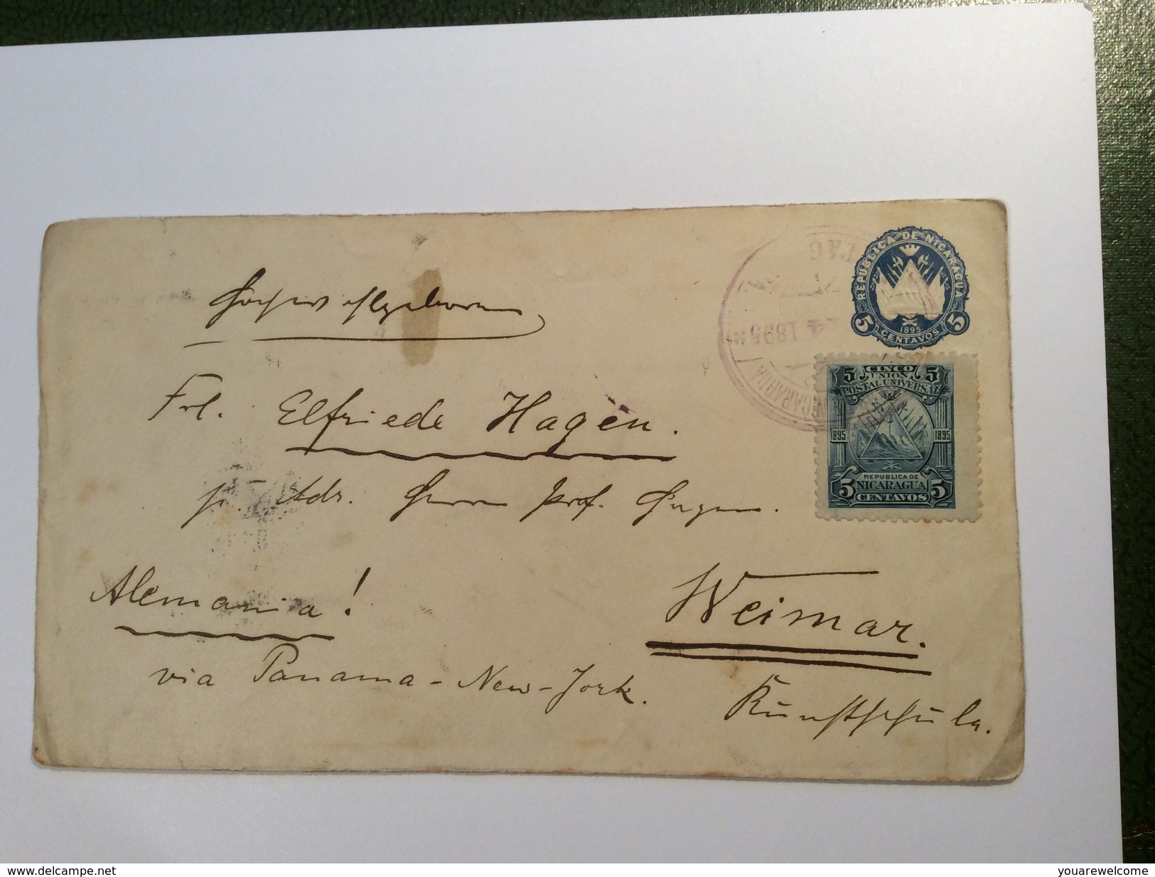 Nicaragua 5c Postal Stationery + Seebeck 1895 Franking > Weimar (cover Lettre Brief Ganzsache Entier Postal - Nicaragua