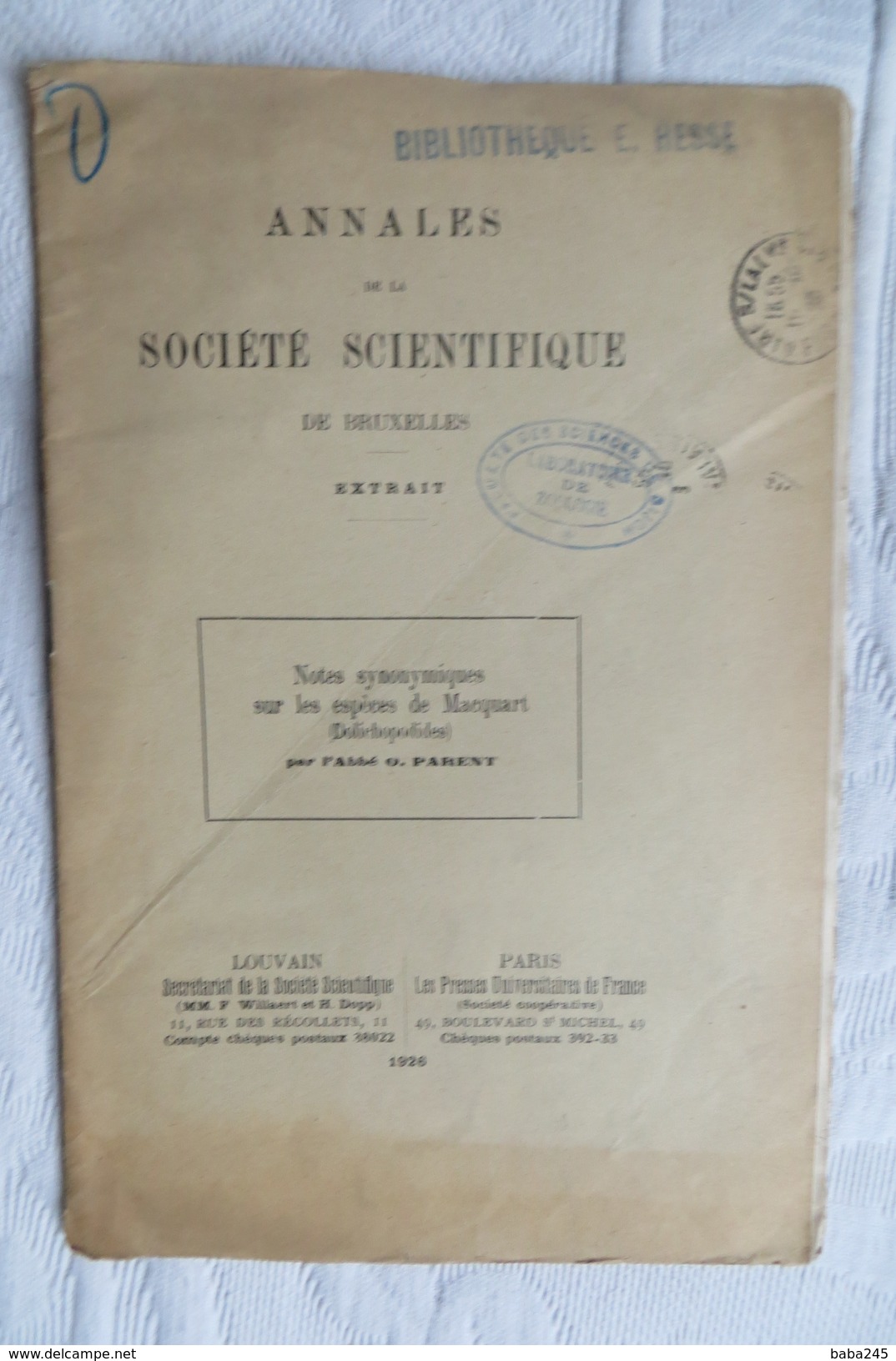 ABBE O PARENT NOTES SUR LES ESPECES DE MACQUART 1926 - Autres & Non Classés