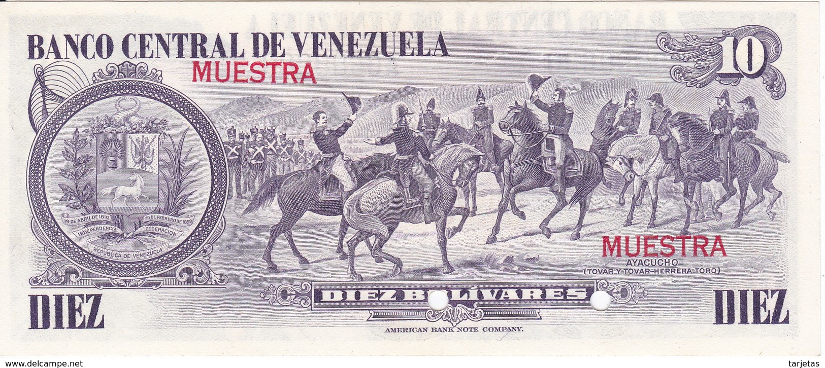 ESPECIMEN -BILLETE DE VENEZUELA DE 10 BOLIVARES DEL AÑO 1980 SIN CIRCULAR-UNCIRCULATED (SPECIMEN) (BANKNOTE) MUESTRA - Venezuela