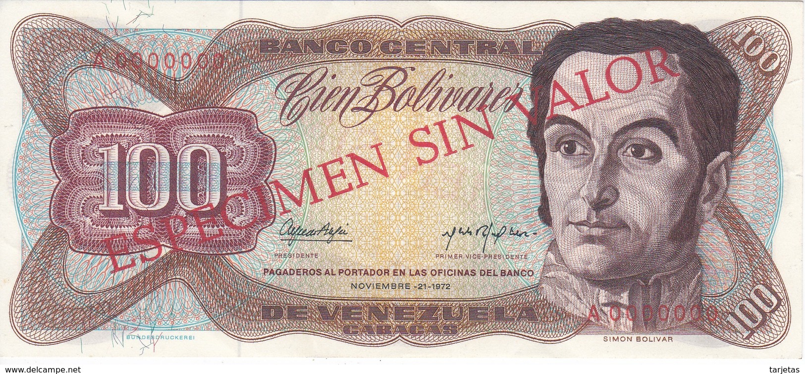 ESPECIMEN -BILLETE DE VENEZUELA DE 100 BOLIVARES DEL AÑO 1972 CALIDAD EBC (XF) (SPECIMEN) (BANKNOTE) - Venezuela