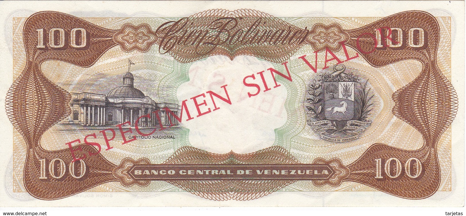 ESPECIMEN -BILLETE DE VENEZUELA DE 100 BOLIVARES DEL AÑO 1972 CALIDAD EBC (XF) (SPECIMEN) (BANKNOTE) - Venezuela