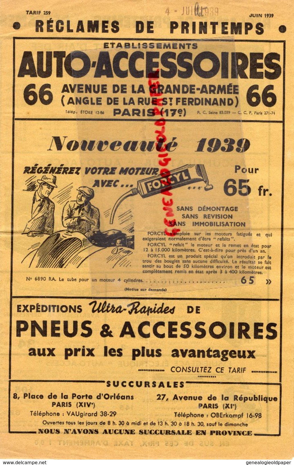 75- PARIS- PUBLICITE AUTO ACCESSOIRES-PNEUS-RECLAMES PRINTEMPS 1939- AUTOMOBILE-66 AV. GRANDE ARMEE- - Cars