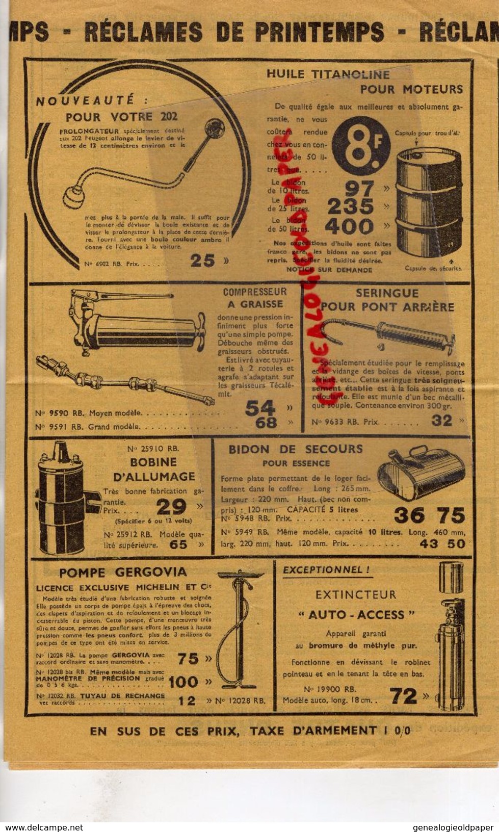 75- PARIS- PUBLICITE AUTO ACCESSOIRES-PNEUS-RECLAMES PRINTEMPS 1939- AUTOMOBILE-66 AV. GRANDE ARMEE- - Automobil