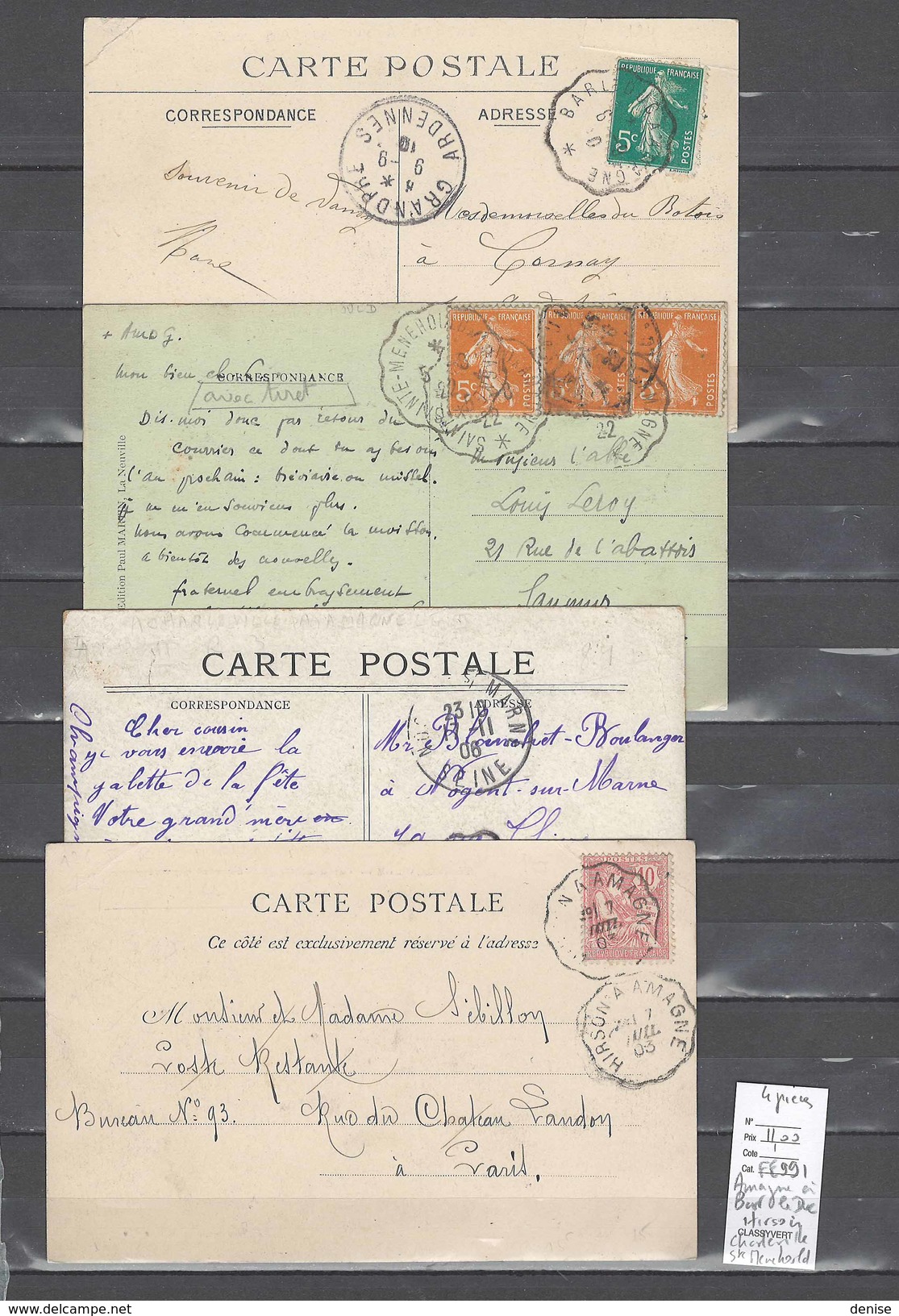 Lettre Cachet Convoyeur  Amagne à Bar Le Duc - Hirson - Charleville - Sainte Menehould - 4 Piéces - Poste Ferroviaire