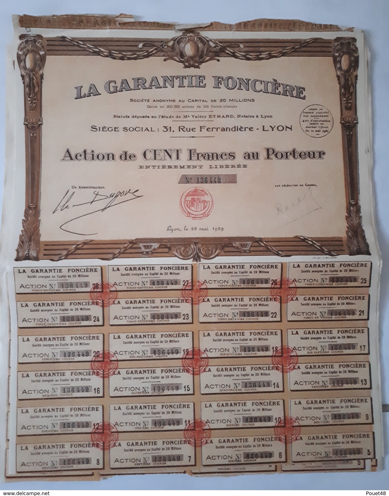 Lot De 14 ACTIONS TITRES De 100 Francs - LA GARANTIE FONCIERE: LYON: 1929 - Banque & Assurance