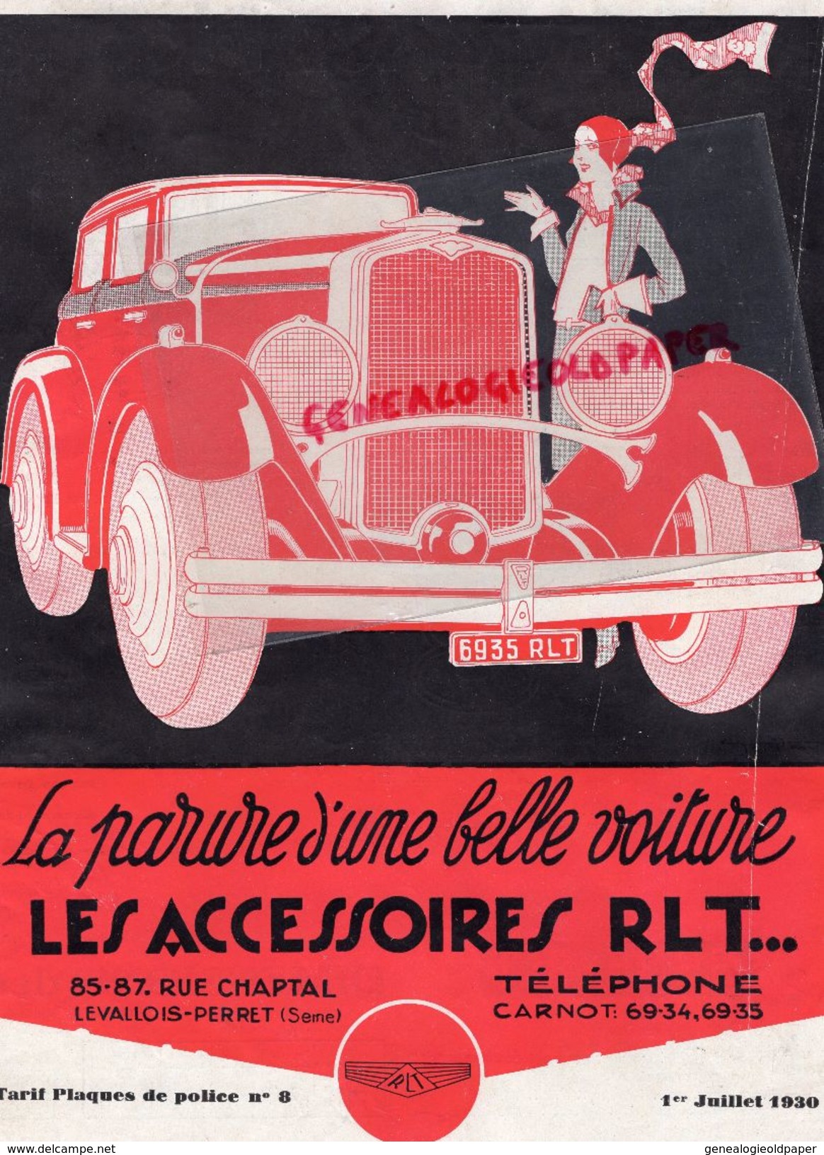 92- LEVALLOIS PERRET- RARE BELLE PUBLICITE PLAQUES POLICE VOITURE ACCESSOIRES RLT-85 RUE CHAPTAL-1930 AUTO - Cars