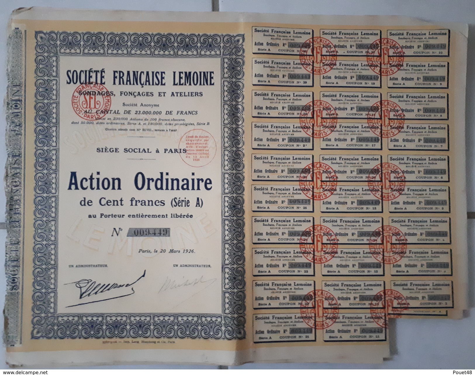 Lot De 24 ACTIONS TITRES De 100 Francs - Société Française LELOINE: 1926 - Andere & Zonder Classificatie