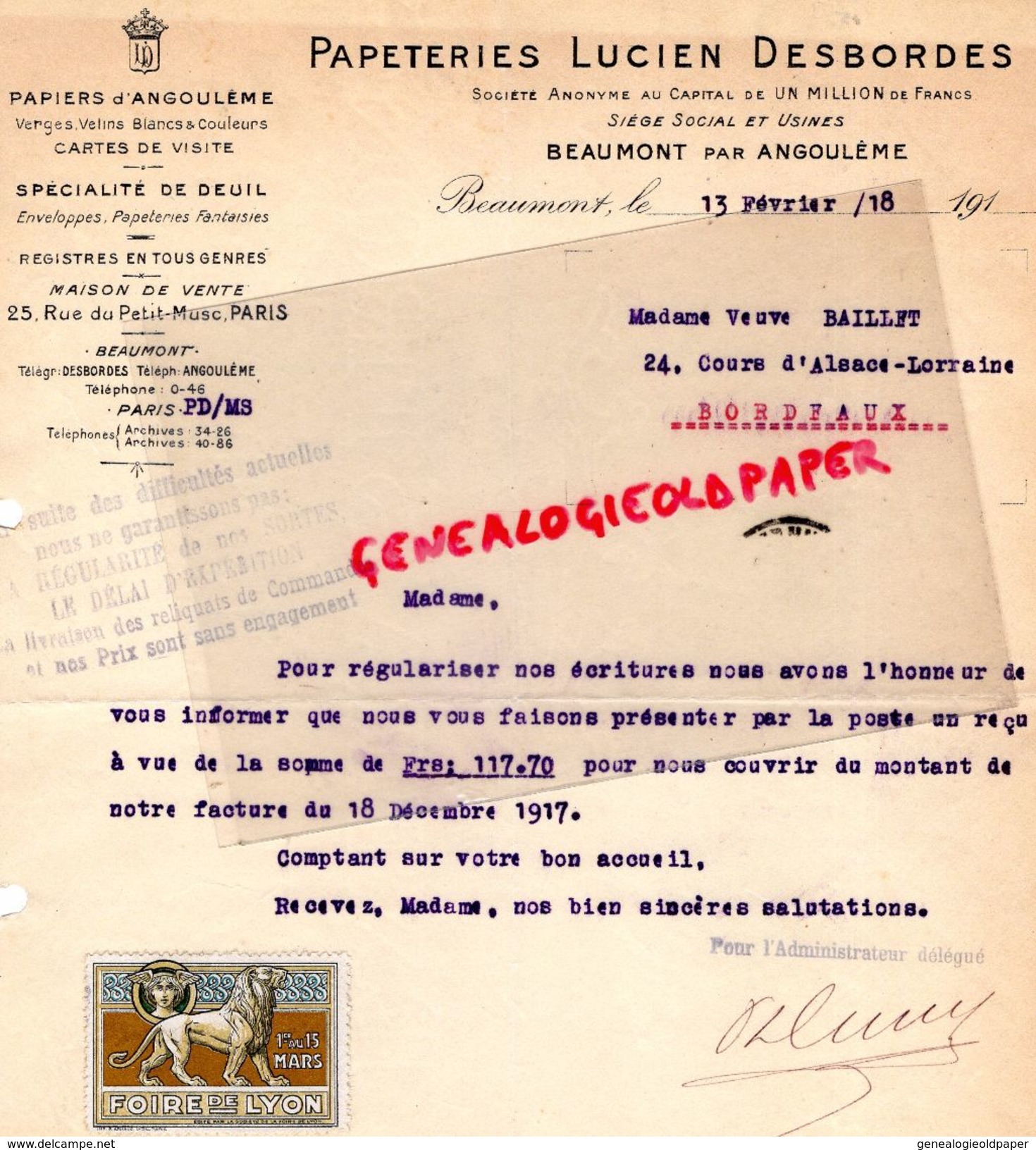 16- BEAUMONT PAR ANGOULEME- RARE LETTRE PAPETERIES LUCIEN DESBORDES-VIGNETTE FOIRE DE LYON 1917 PAPETERIE - Imprenta & Papelería