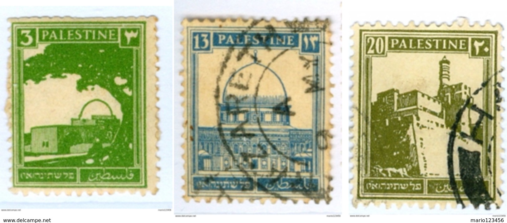 PALESTINA, MANDATO BRITANNICO, MONUMENTI, 1927, FRANCOBOLLI USATI,  Yvert Tellier 64,71,74….Scott 64,74,77 - Palestina