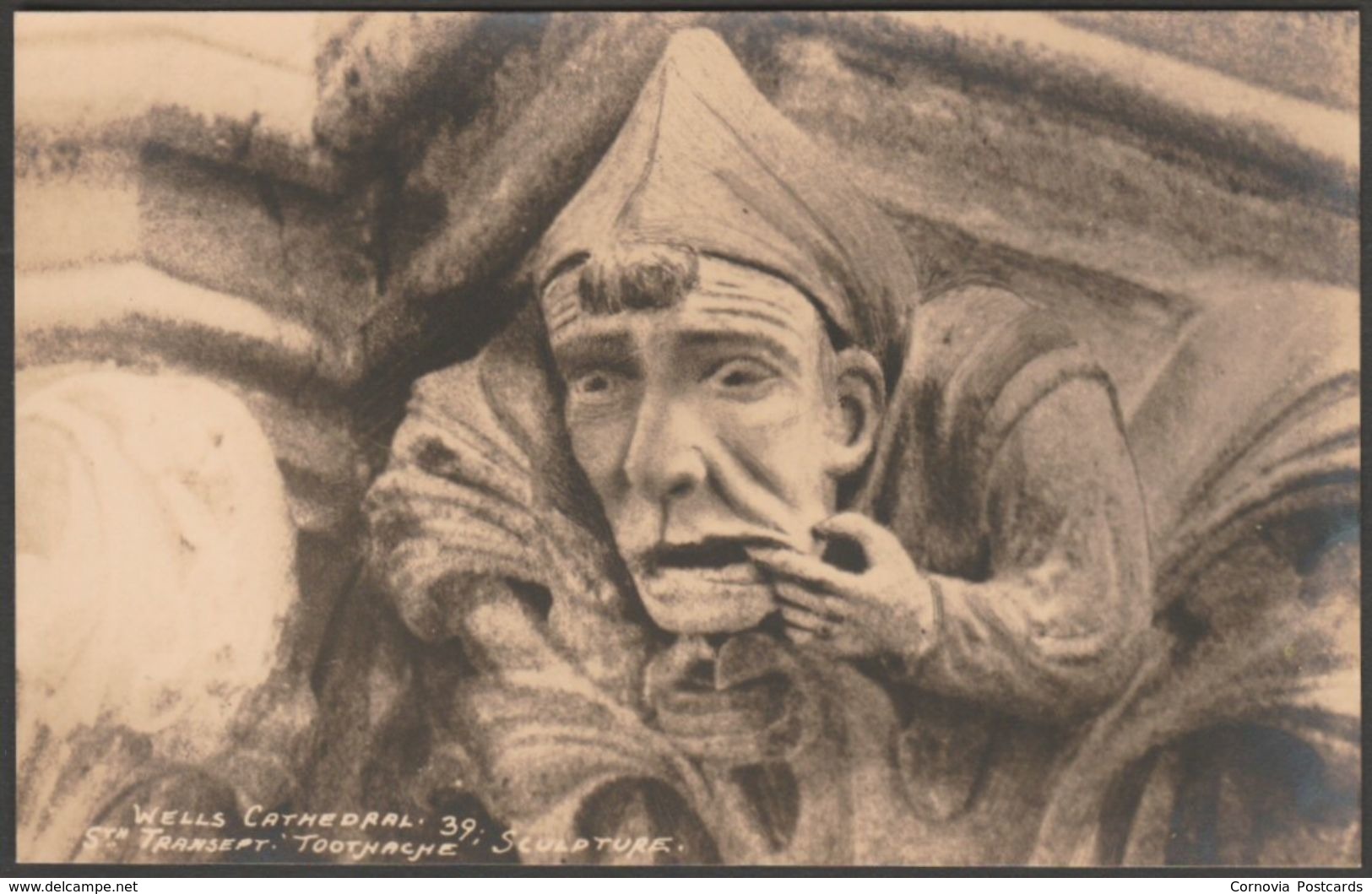 Toothache Sculpture, Wells Cathedral, Somerset, C.1930 - W A Call Cambria Series RP Postcard - Wells