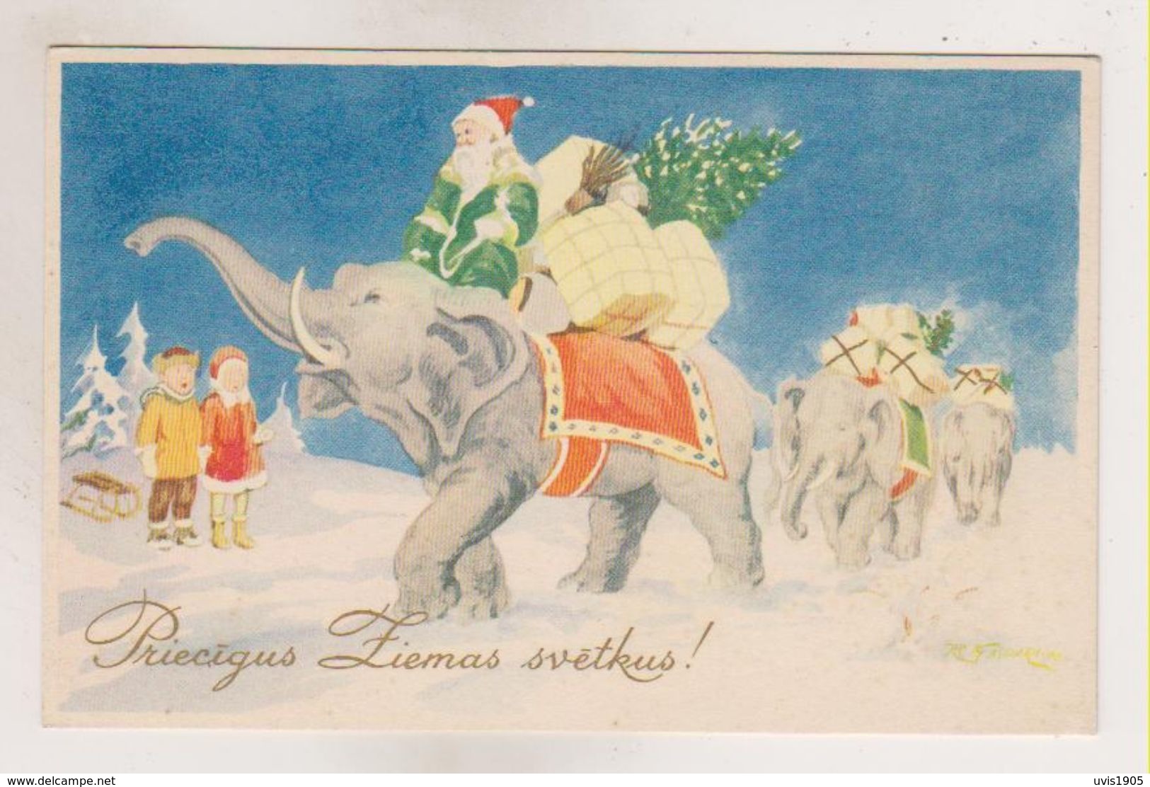 Santa Claus In Green Robe With Gifts On Elephant. - Kerstman