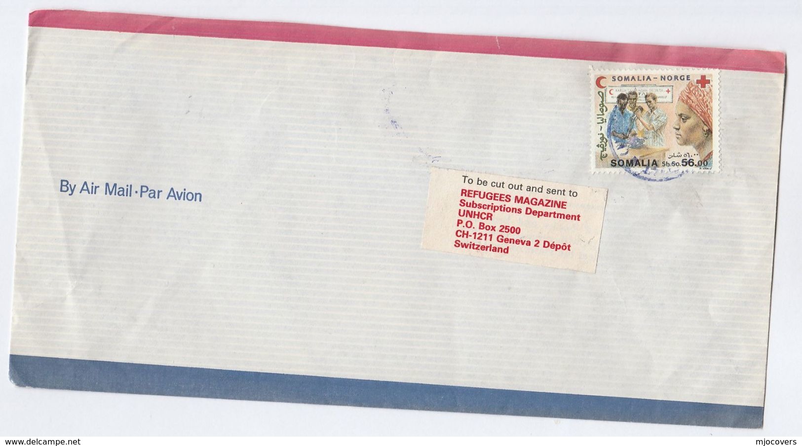 1980s Air Mail SOMALIA COVER 56.00 Red Cross To UNHCR United Nations GENEVE Switzerland Un, Stamps - Somalia (1960-...)