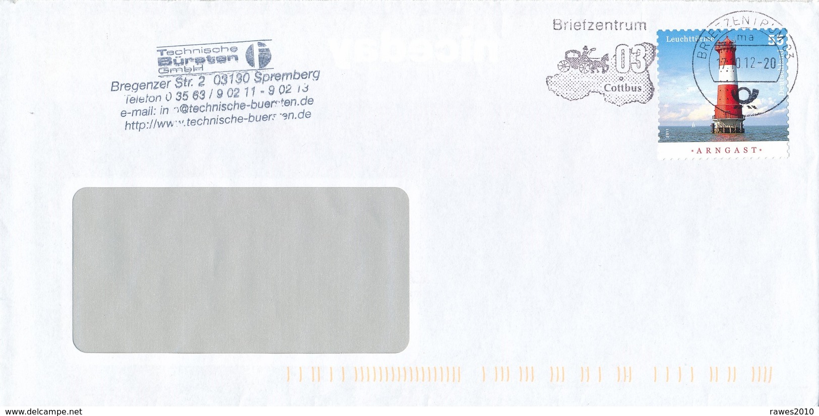 BRD BZ 03 MWST 2012 Briefzentrum Cottbus Postkutsche Landkarte Mi. 2935 Leuchtturm Arngast Technische Bürsten Spremberg - Briefe U. Dokumente