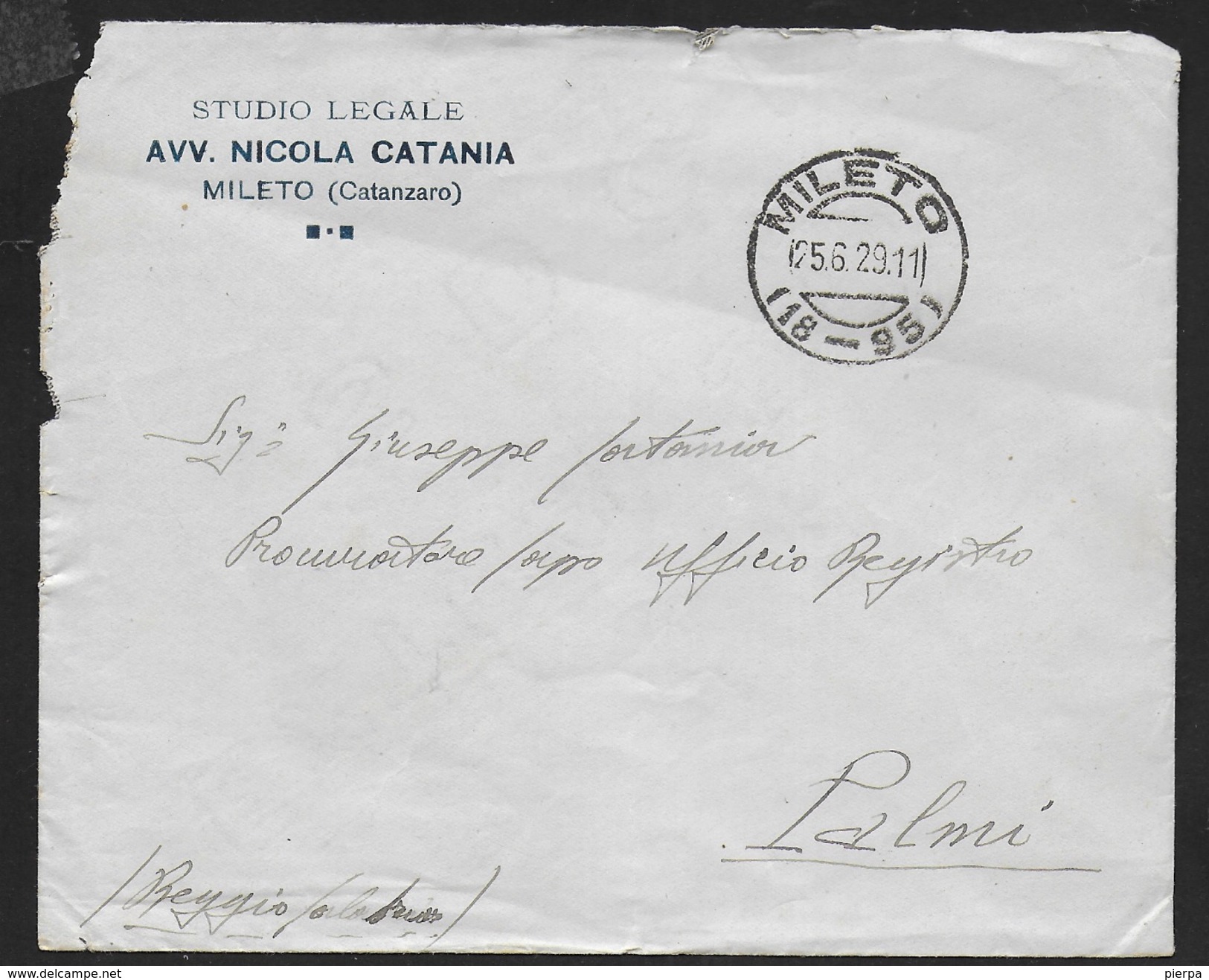 STORIA POSTALE REGNO - ANNULLO FRAZIONARIO MILETO (CZ) 18-95 SU BUSTA  INTESTATA 25.06.1929 PER PALMI - Storia Postale