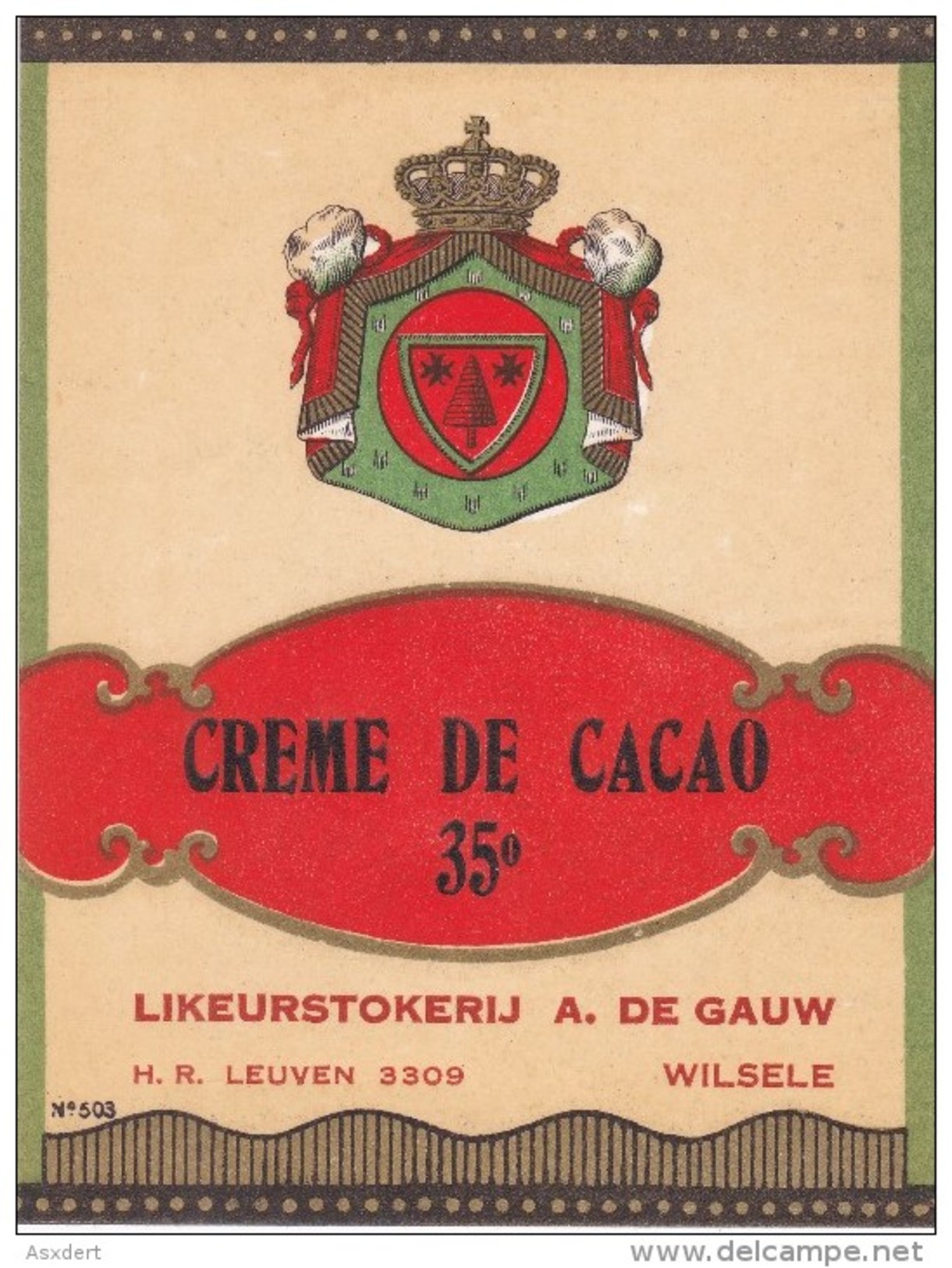 Oude Etiket " Crème De Cacaco " 35° Likeur Stokerij - Alf. De Gauw  Wilsele / Leuven - Autres & Non Classés