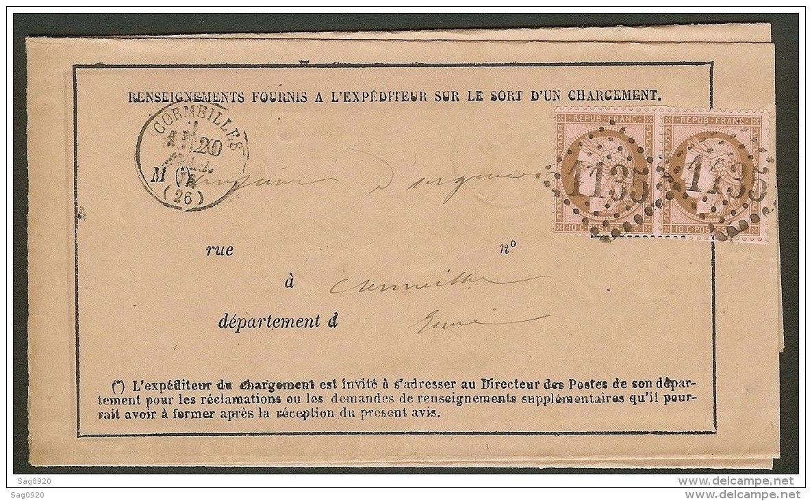 Paire Du N°58 Oblitéré Gros Chiffre 1135 De Cormeilles Eure Sur Avis Chargement - 1849-1876: Période Classique