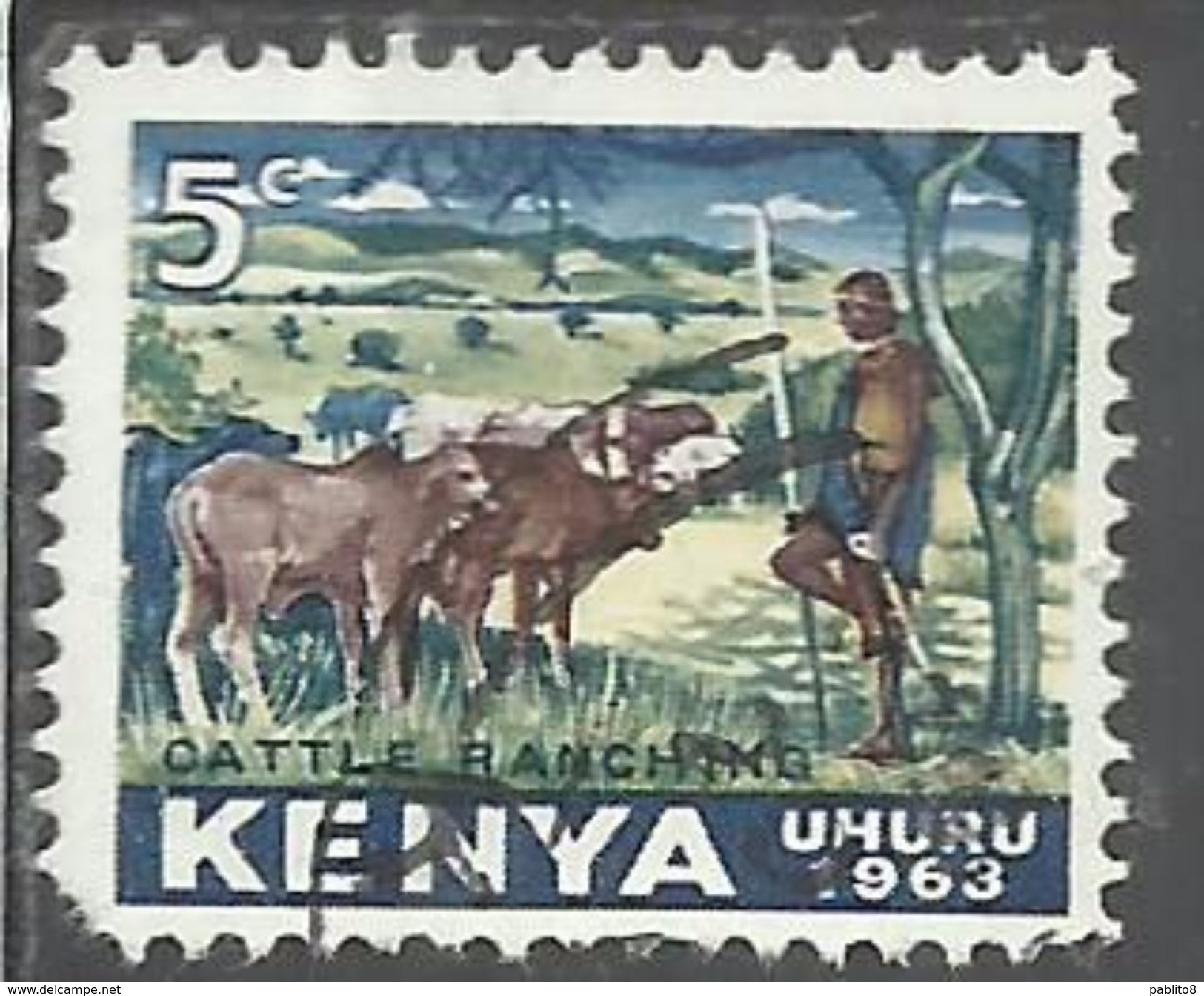 KENYA 1963 INDEPENDENCE INDIPENDENZA INDEPENDANCE Callie Ranching. CENT 5c USATO USED OBLITERE' - Kenia (1963-...)