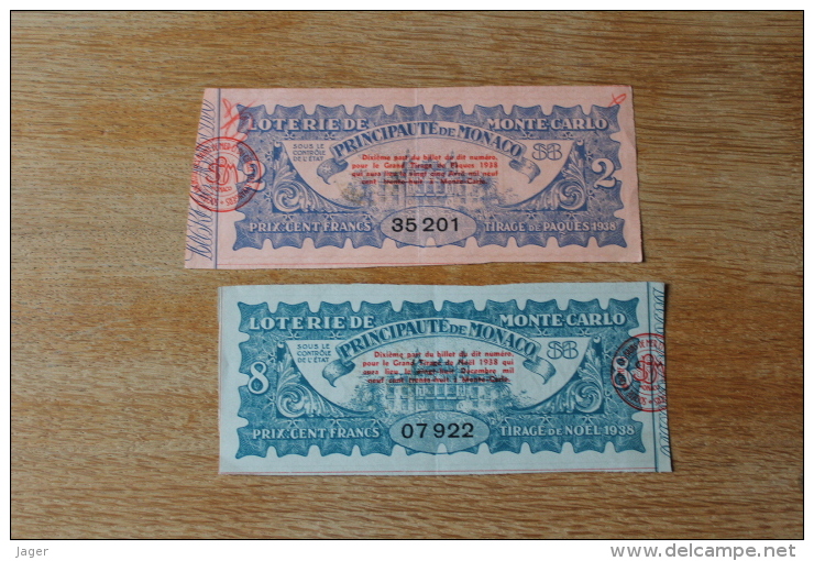 2 Billets De Loterie De Monte Carto  Principauté De Monaco   1938 - Billetes De Lotería