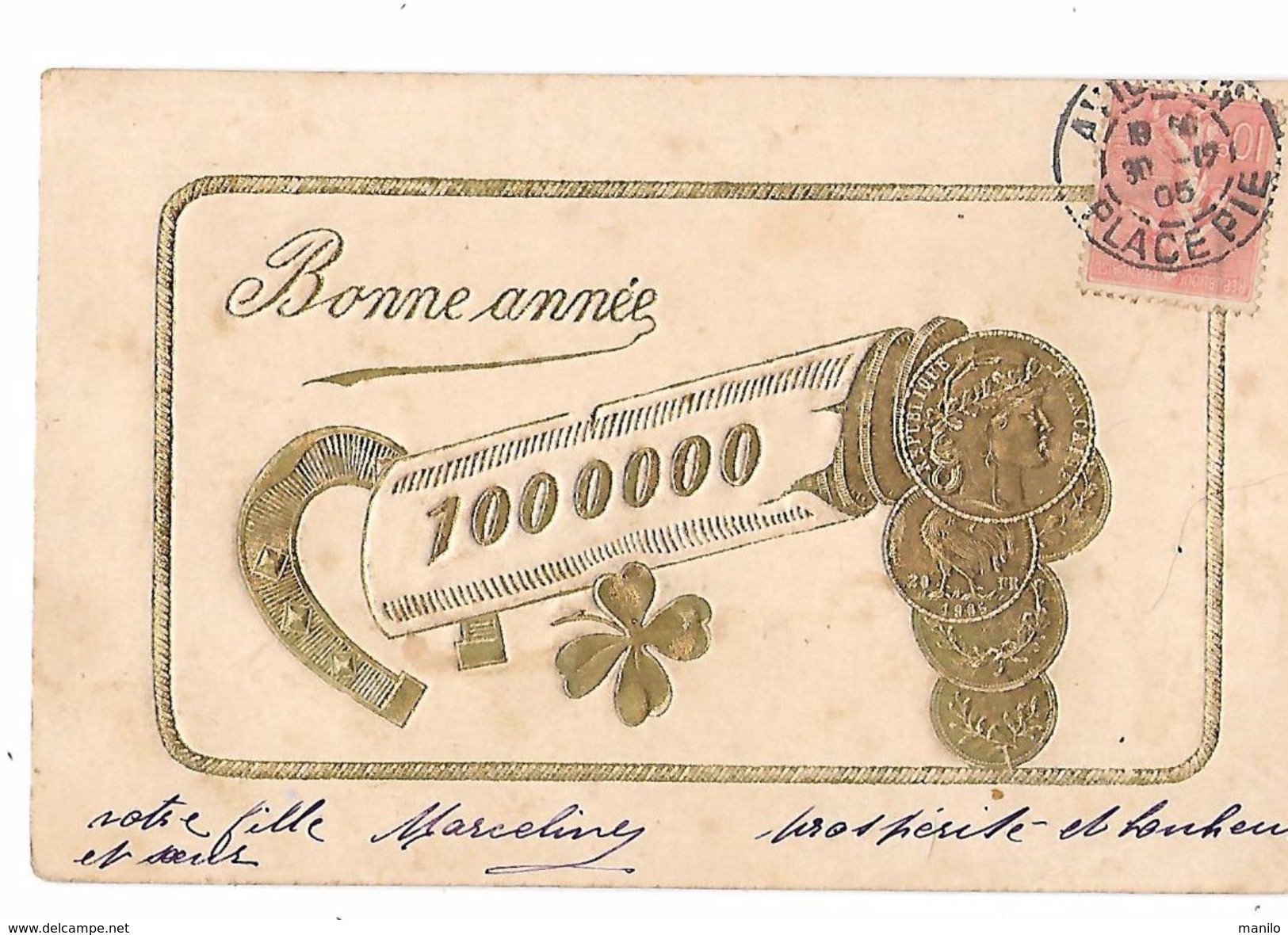 REPRESENTATION PIECES FRANCAISE Rouleau De 1.000.000 Avec Fer à Cheval Et Trèfle à 4 Feuilles Sur Cpa Fantaisie BONNE AN - Monnaies (représentations)