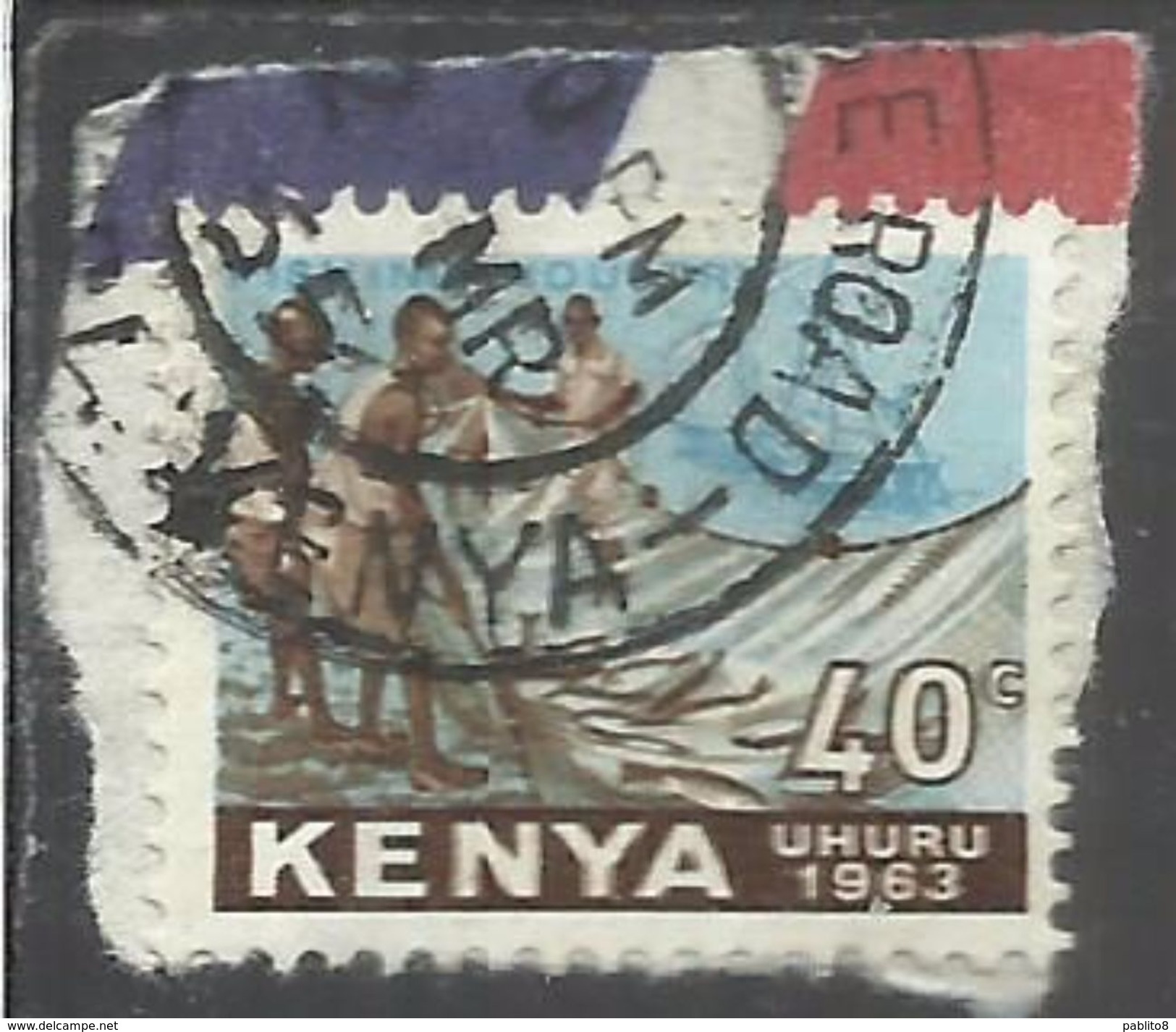 KENYA 1963 INDEPENDENCE INDIPENDENZA INDEPENDANCE FISHING INDUSTRY CENT 40c USATO USED OBLITERE' - Kenia (1963-...)