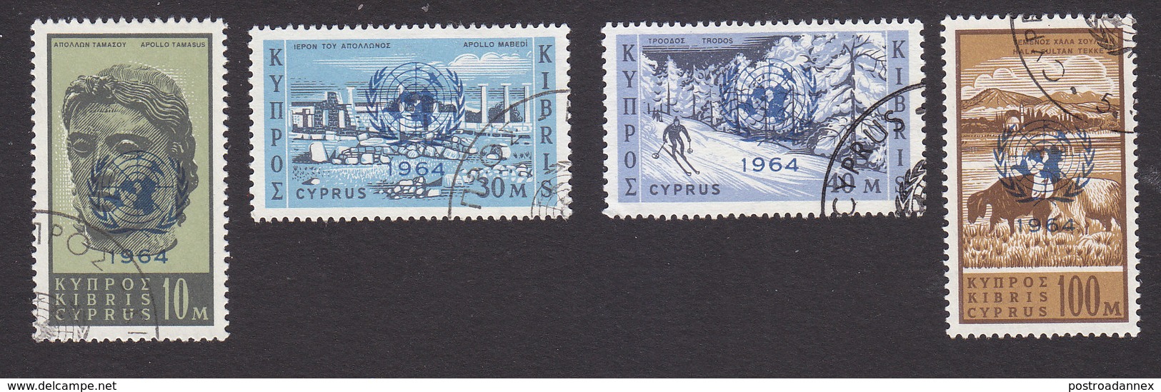 Cyprus, Scott #232-234, 236, Used, Stamps Of Cyprus With UN Overprint, Issued 1964 - Used Stamps