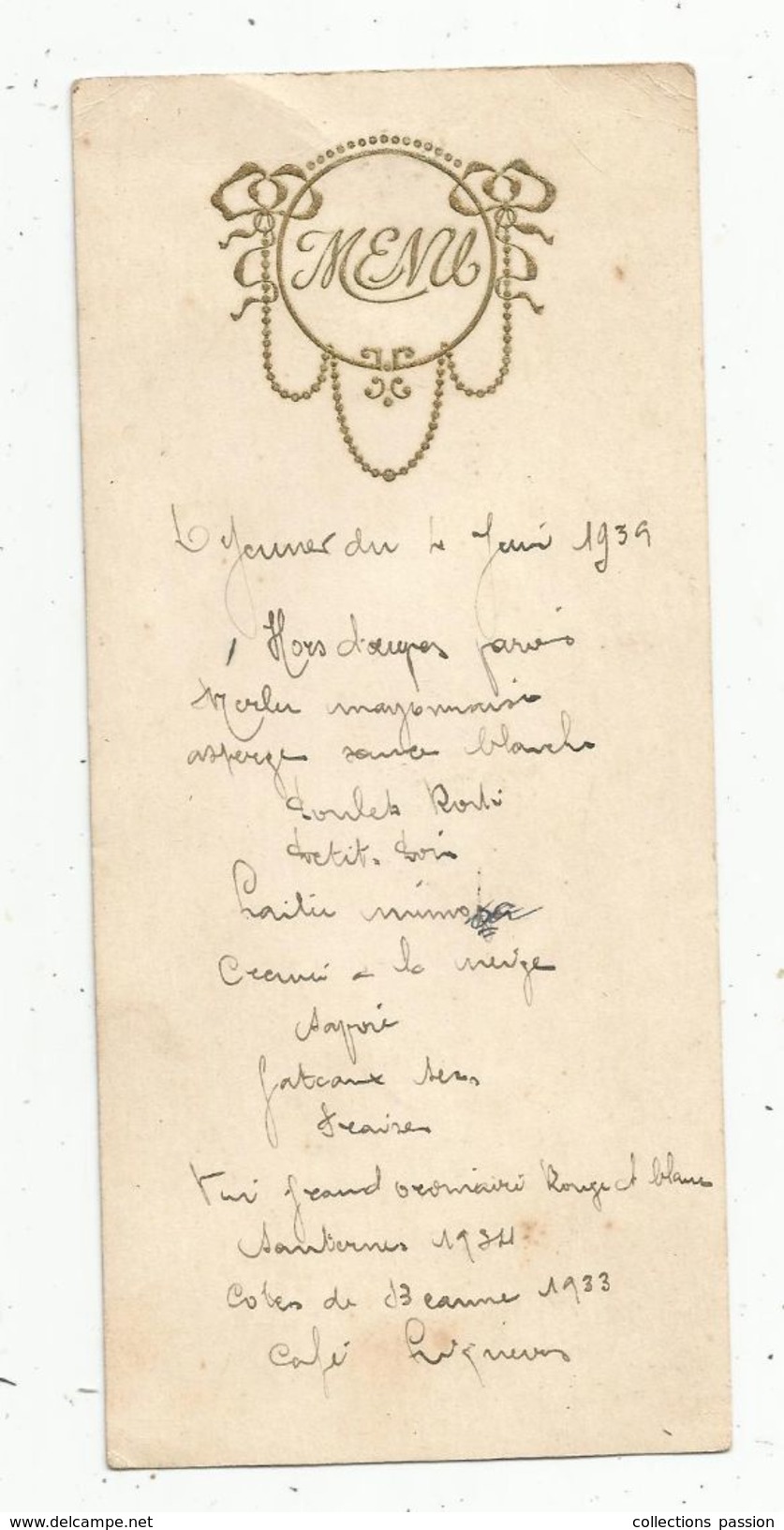 Menu , 1 ére Communion , 4 Juin 1930 - Menu