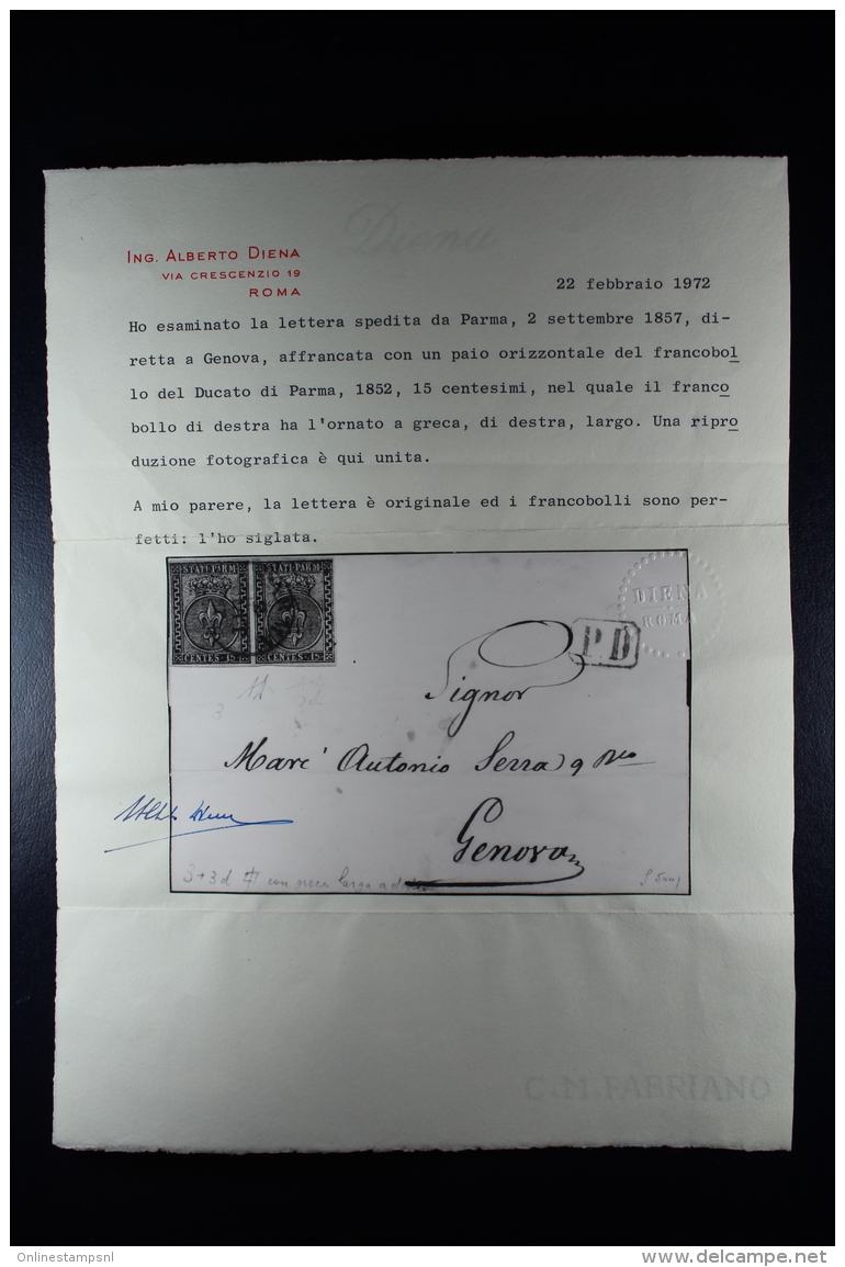 Lettera Da Parma Per Genova 1857 Paio / Pair Sa 3 Signed/ Signé/signiert/ Approvato Diena Certificate - Parma