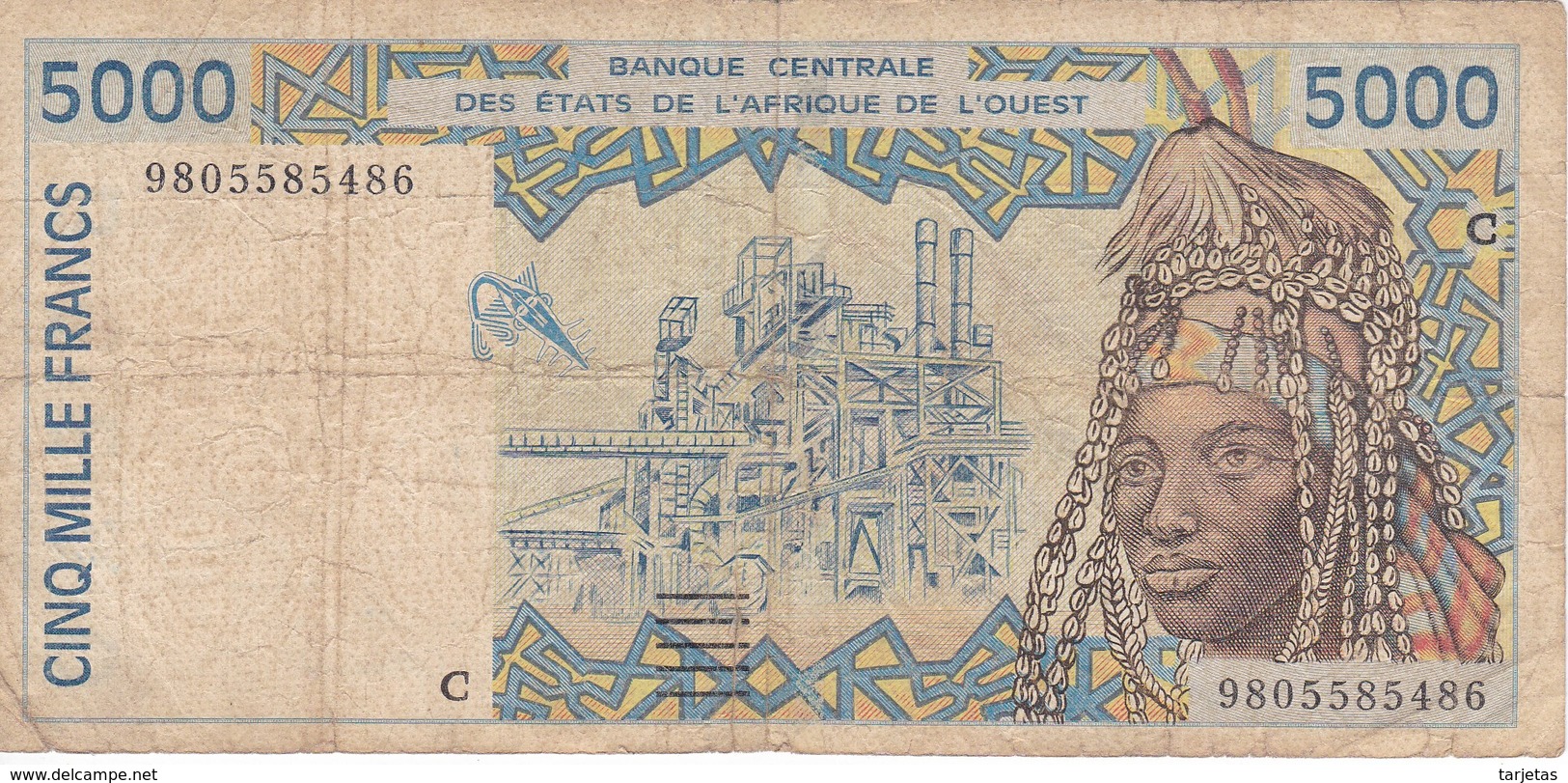 BILLETE DE BURKINA FASO DE 5000 FRANCS DEL AÑO 2002  (BANKNOTE) Rotura Parte Inferior - Burkina Faso